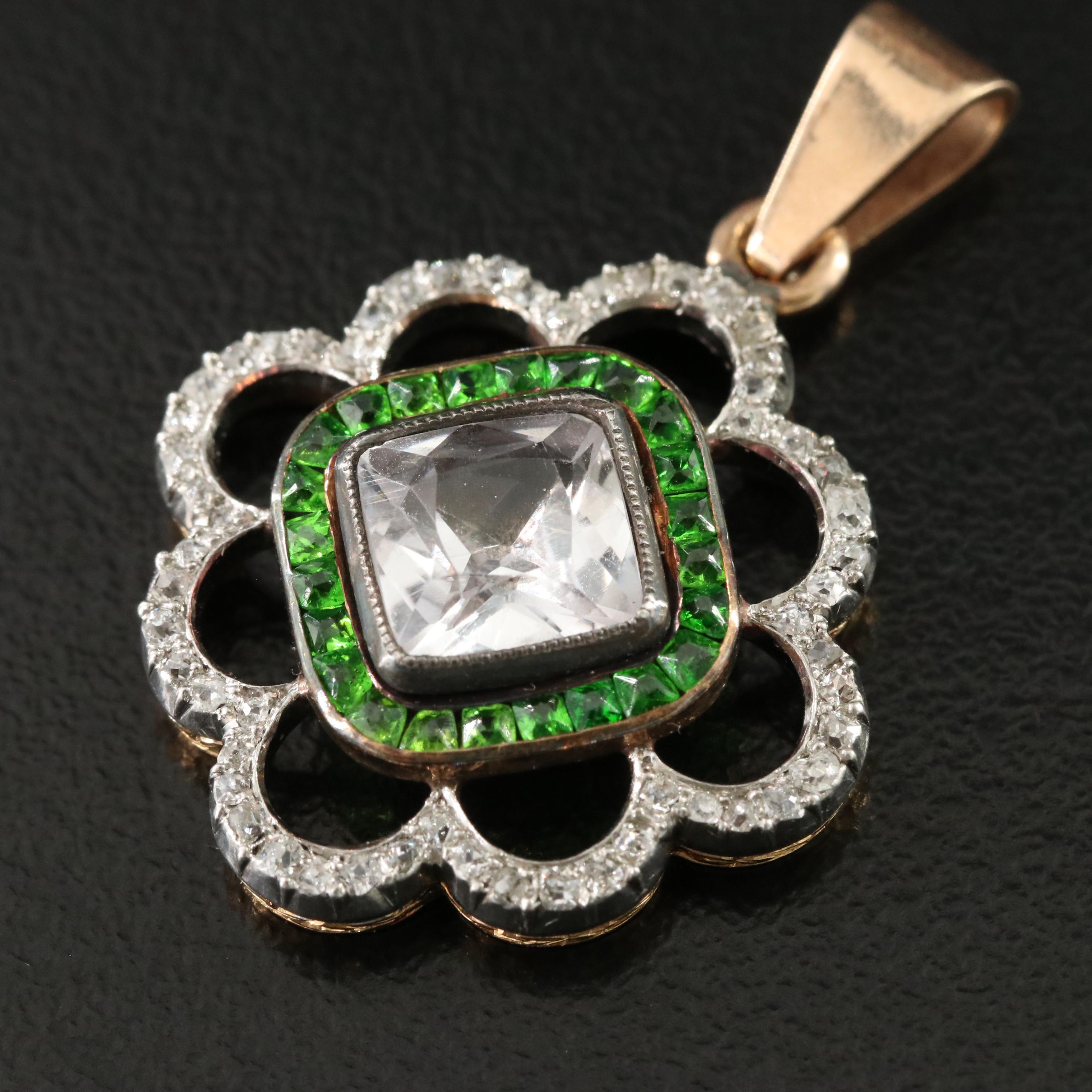 Antique 14K White Sapphire, Demantoid and Diamond Pendant with Platinum Top