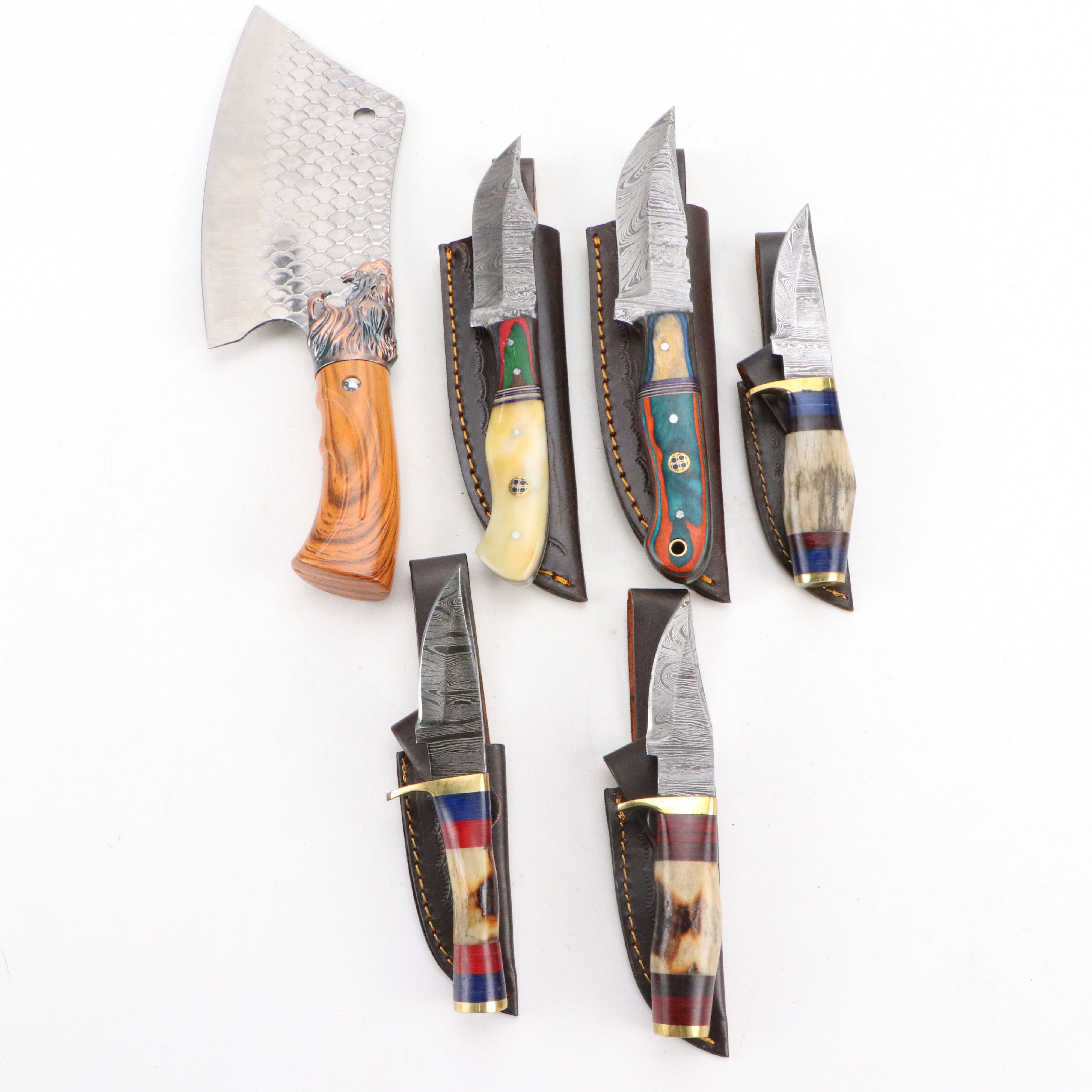 Damascus Steel and Antler Handled Skinner Knives with Hunting Knives and Cleaver