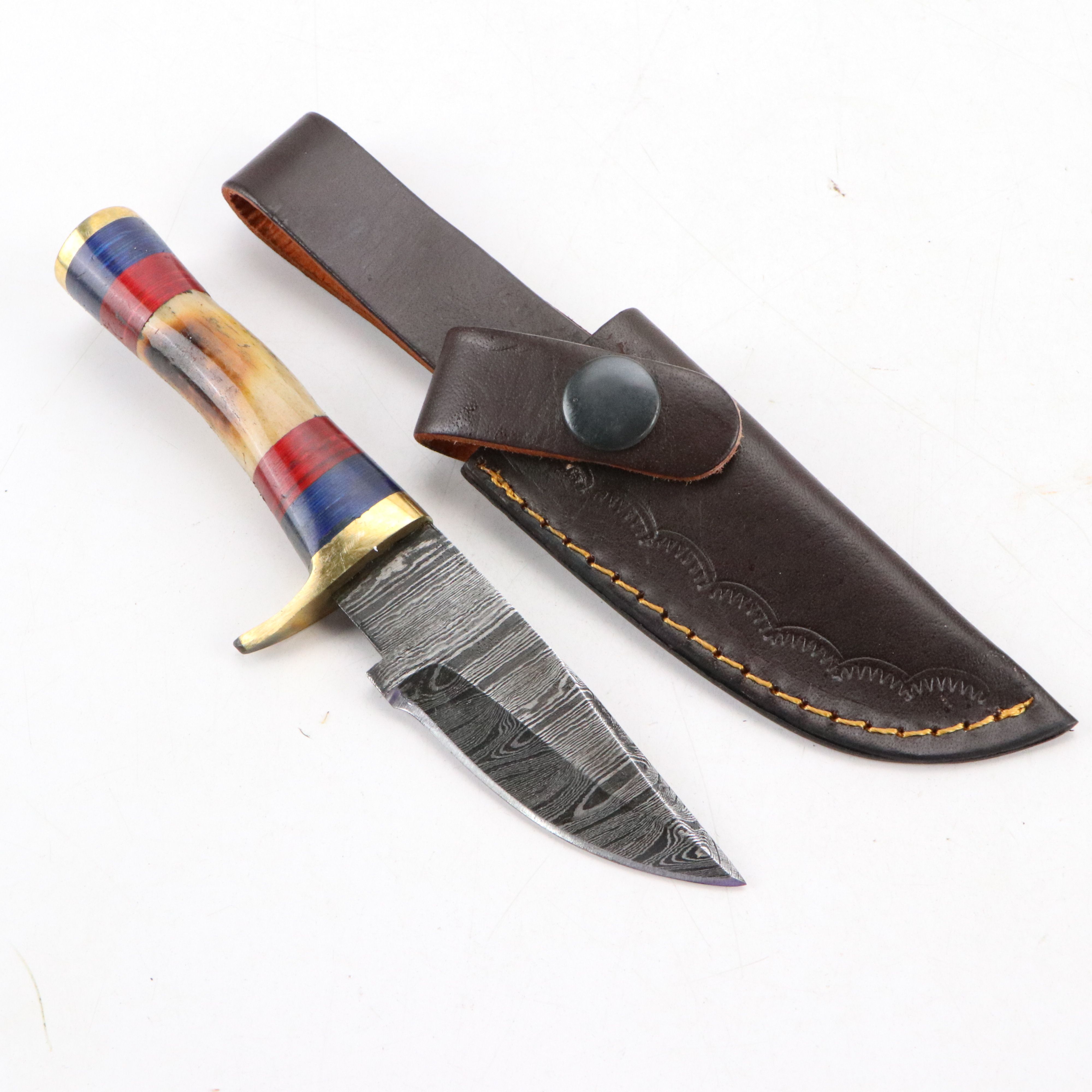 Damascus Steel and Antler Handled Skinner Knives with Hunting Knives and Cleaver
