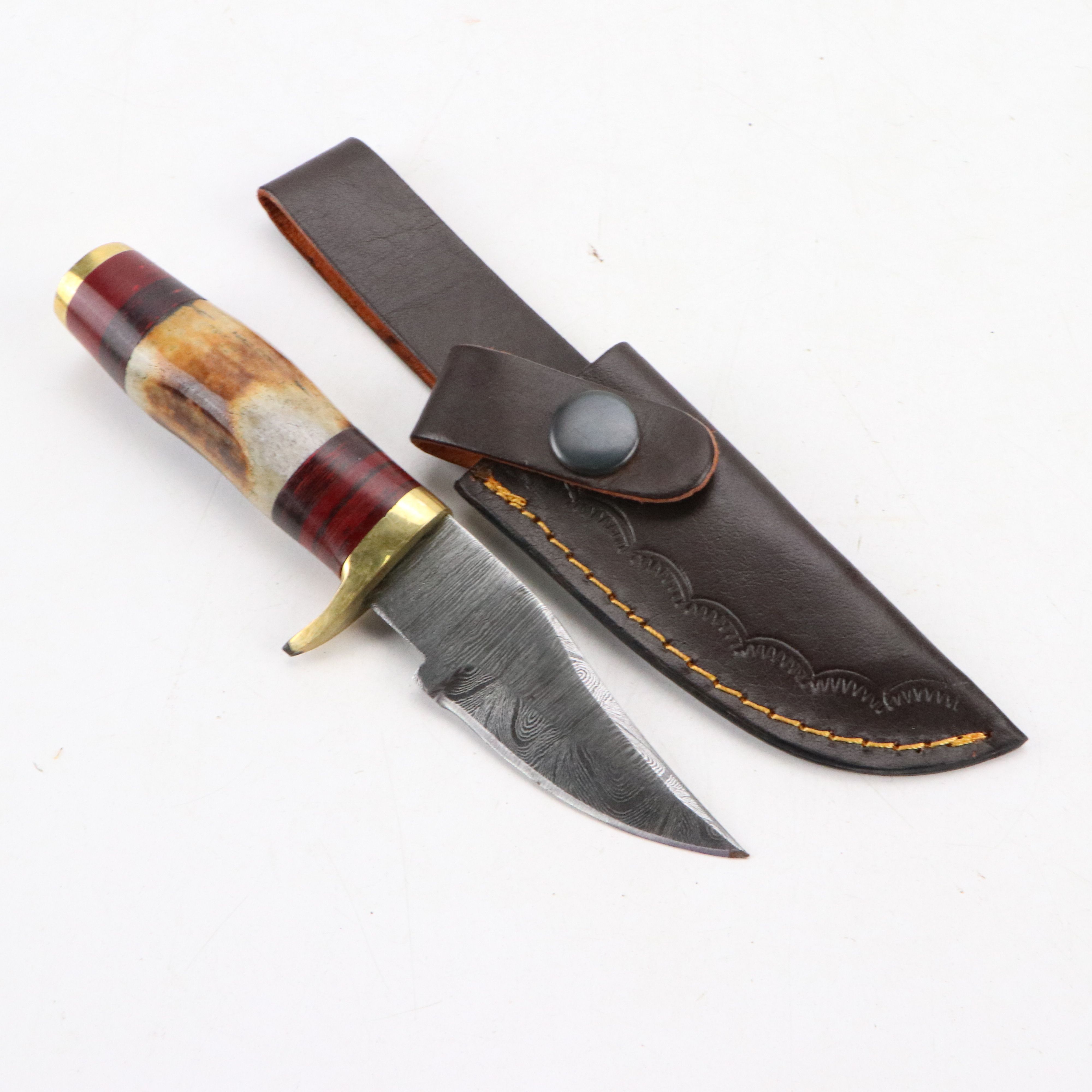 Damascus Steel and Antler Handled Skinner Knives with Hunting Knives and Cleaver