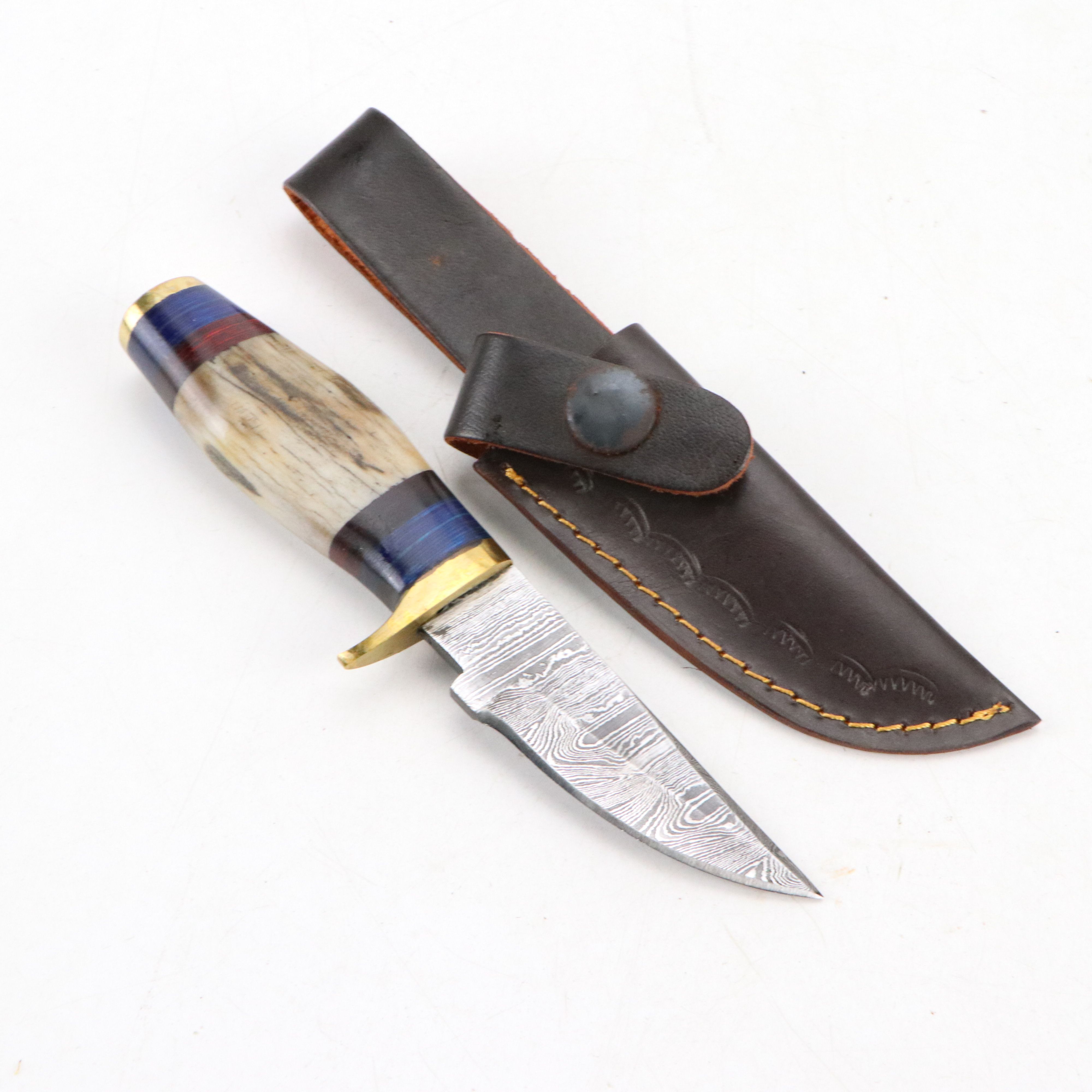 Damascus Steel and Antler Handled Skinner Knives with Hunting Knives and Cleaver