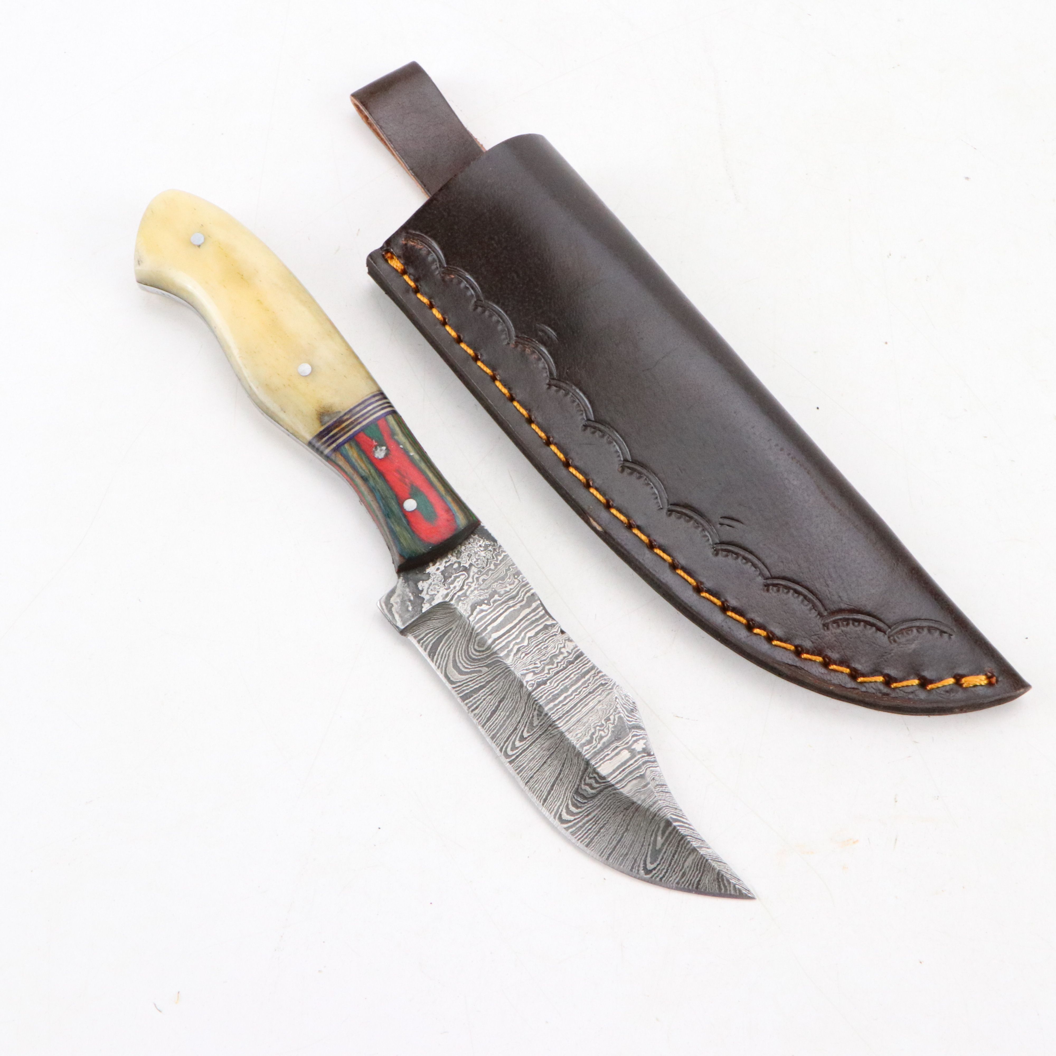 Damascus Steel and Antler Handled Skinner Knives with Hunting Knives and Cleaver