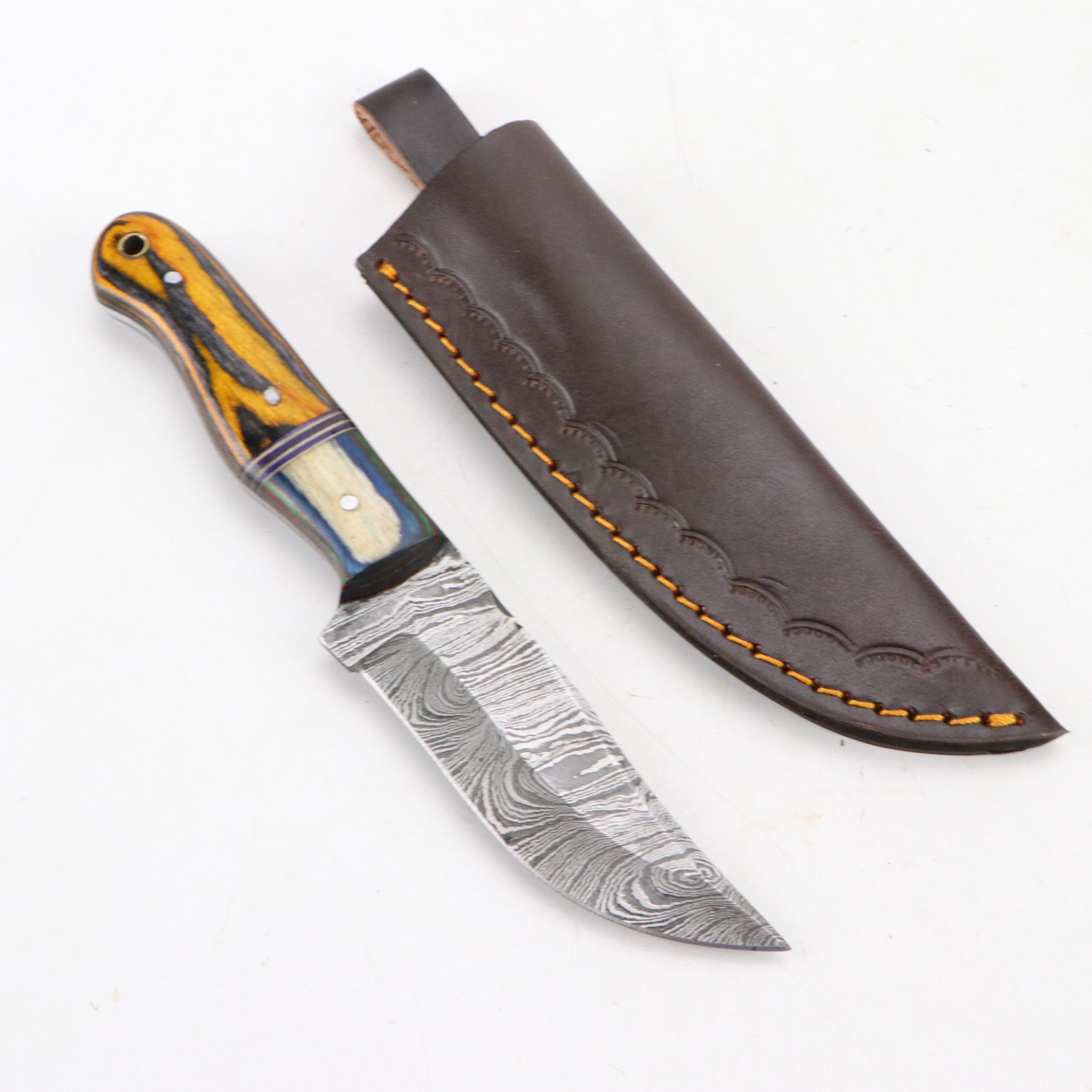 Damascus Steel and Antler Handled Skinner Knives with Hunting Knives and Cleaver