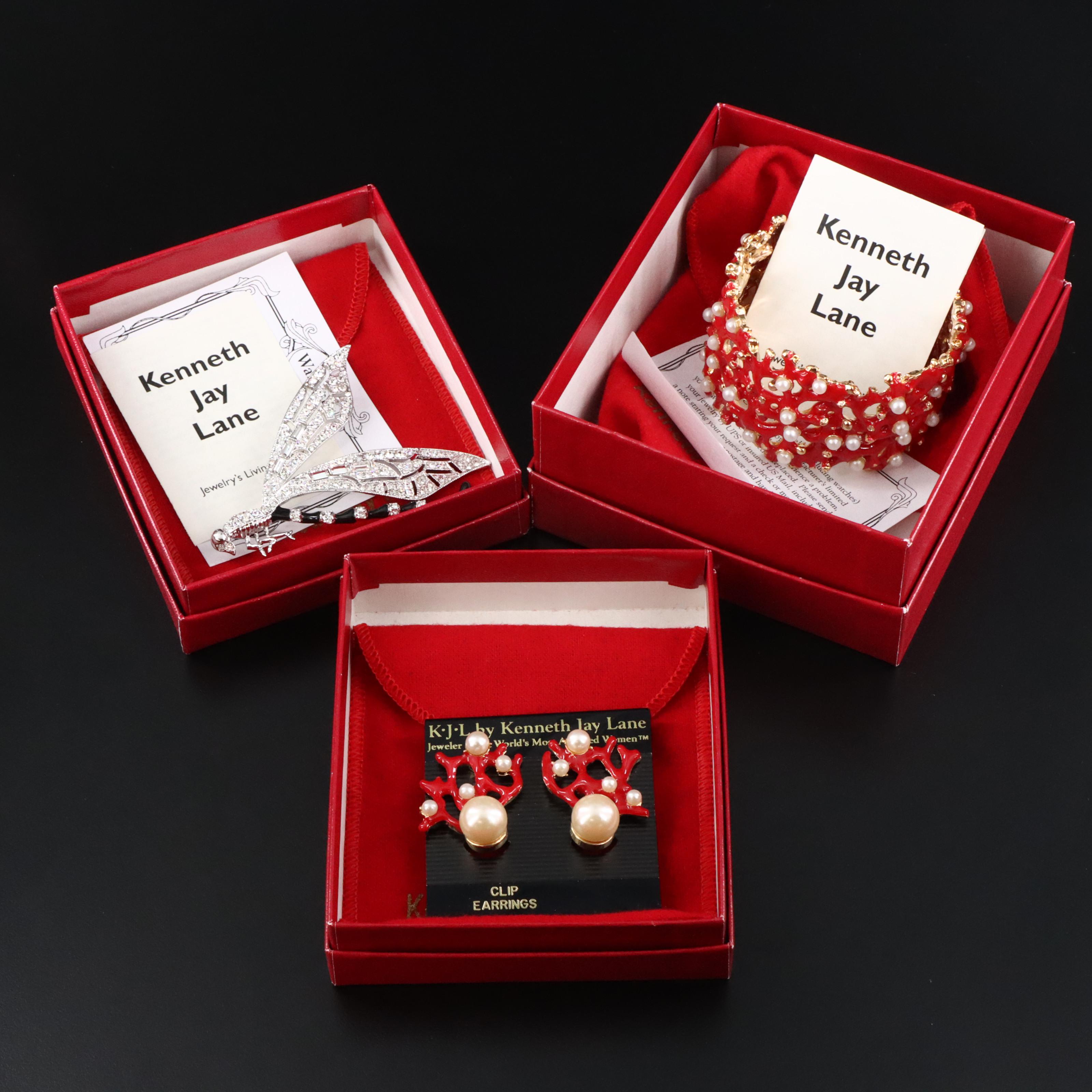 Kenneth Jay Lane Coral Cuff and Earring Set with Dragonfly Brooch