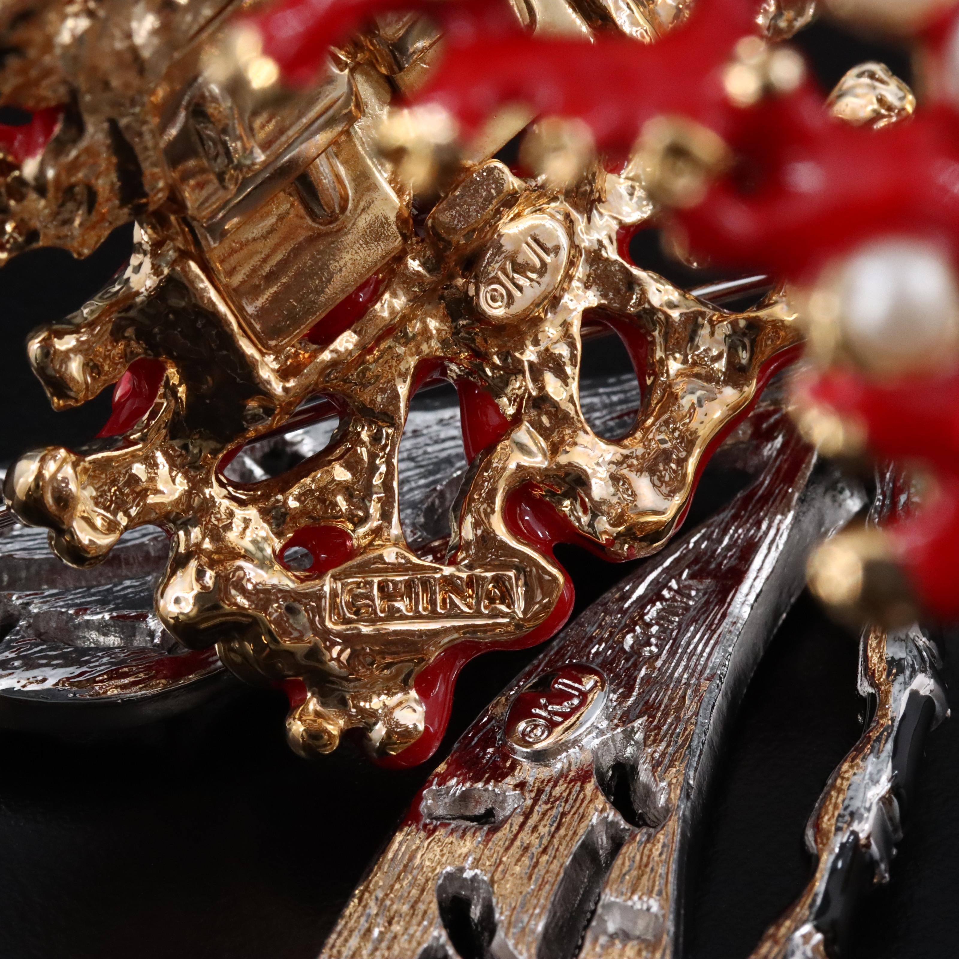 Kenneth Jay Lane Coral Cuff and Earring Set with Dragonfly Brooch