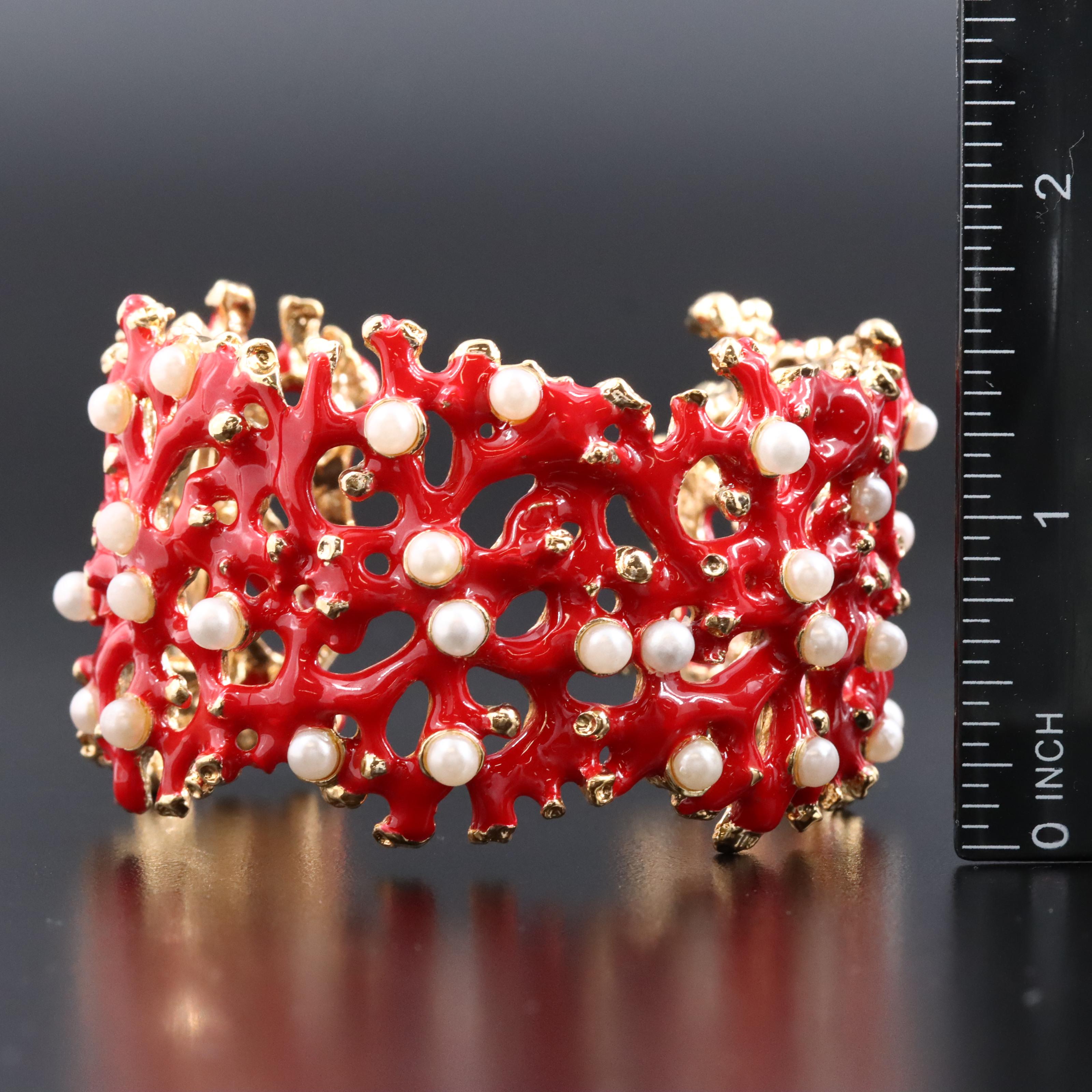 Kenneth Jay Lane Coral Cuff and Earring Set with Dragonfly Brooch