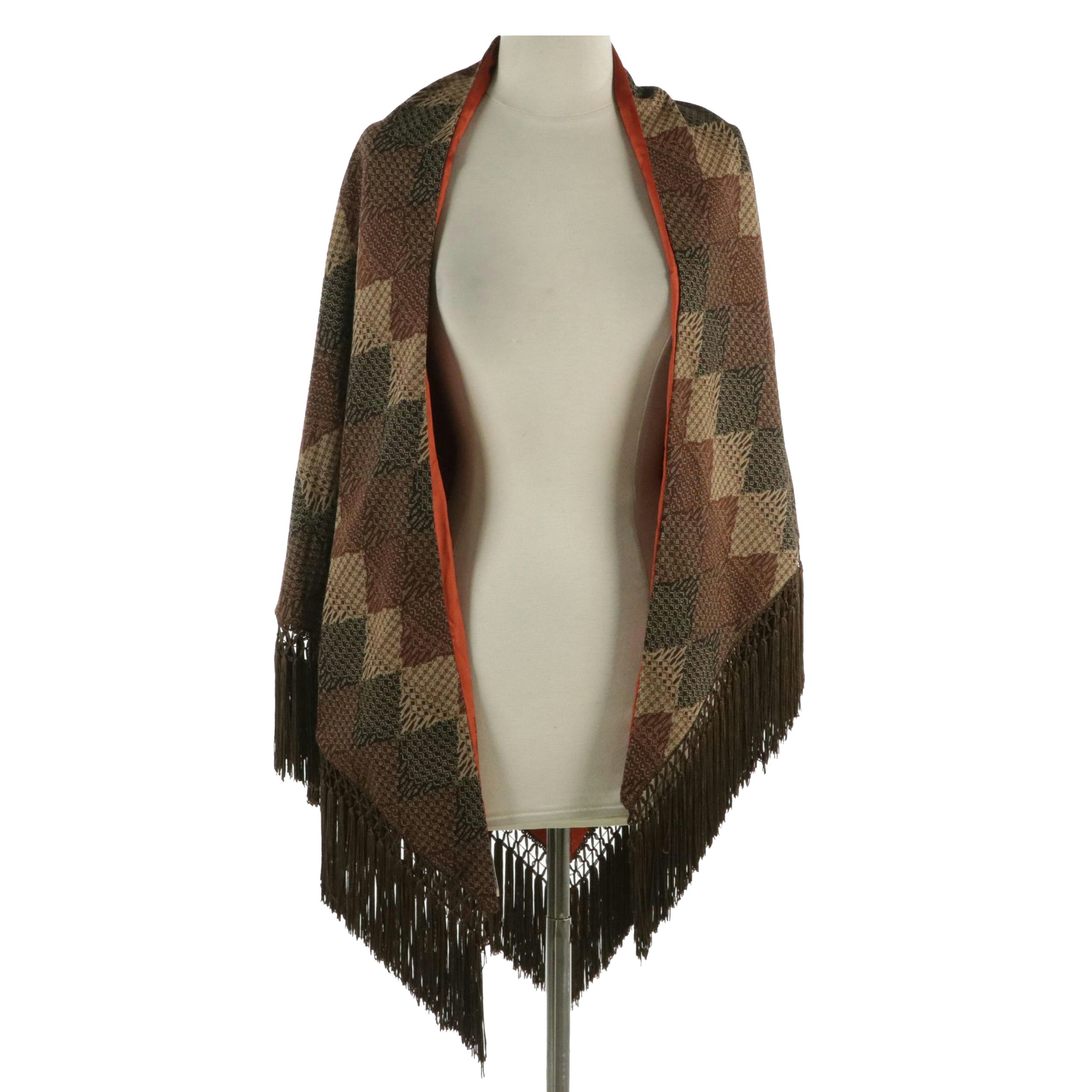 Bonwit Teller Hand-Painted Macramé Fringe Shawl