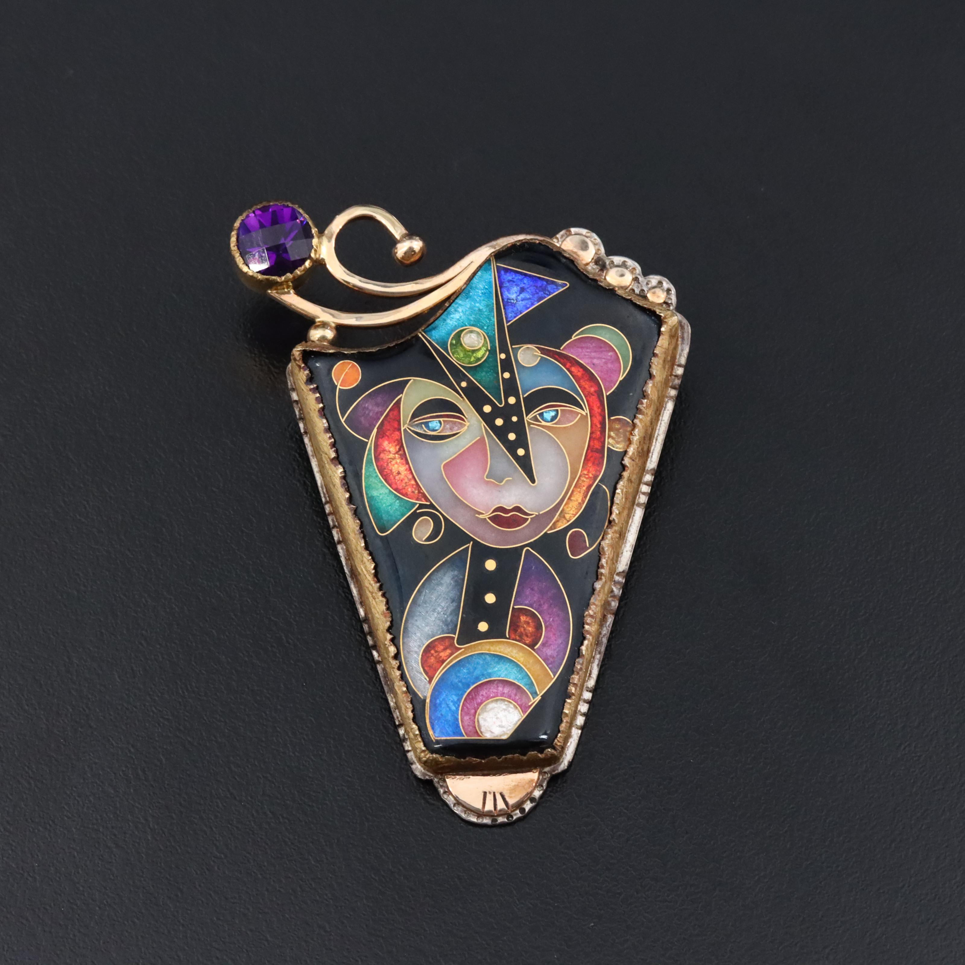 Alexa & Peter Smarsh Sterling, 14K & 22K Cloisonné & Amethyst Converter Brooch