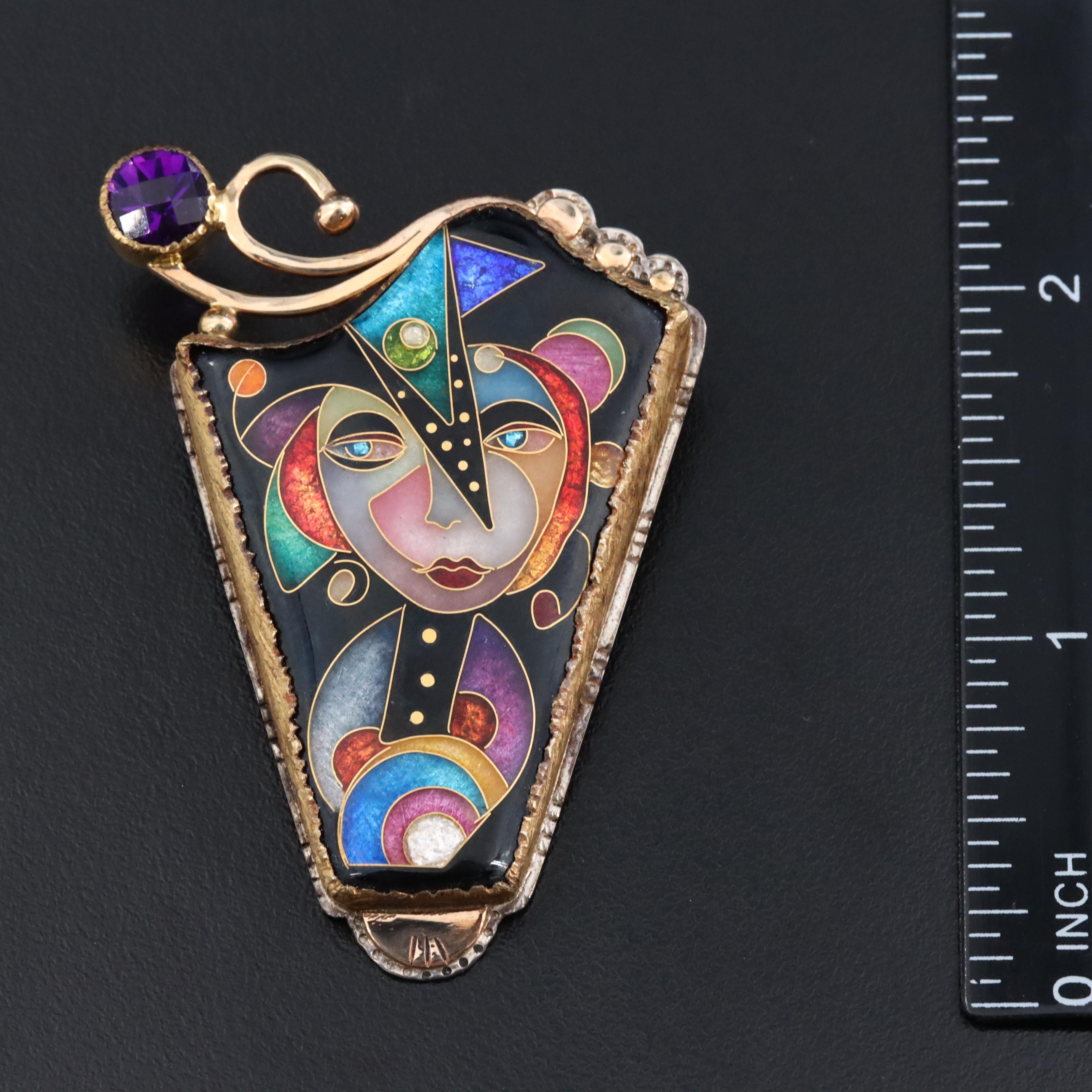 Alexa & Peter Smarsh Sterling, 14K & 22K Cloisonné & Amethyst Converter Brooch