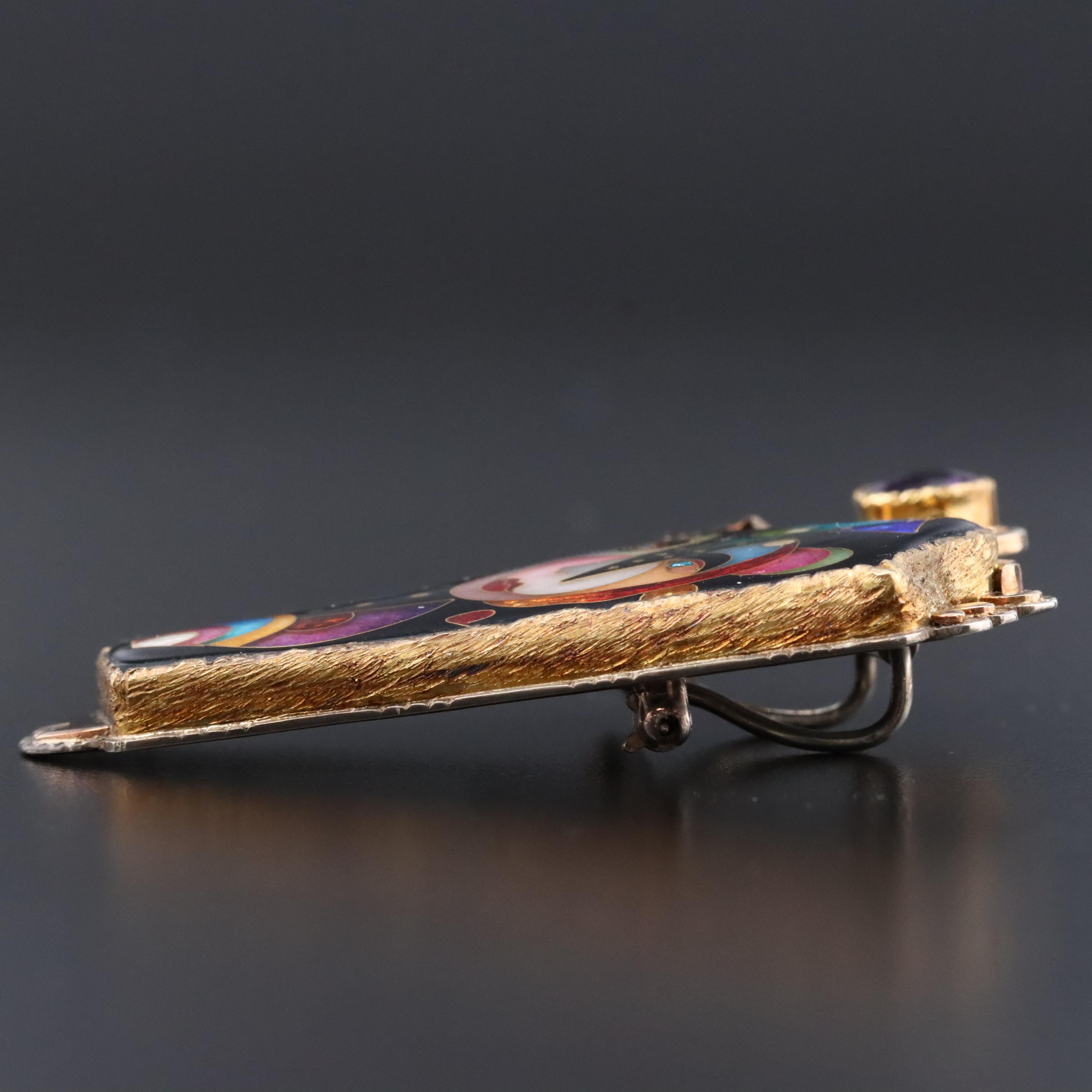 Alexa & Peter Smarsh Sterling, 14K & 22K Cloisonné & Amethyst Converter Brooch
