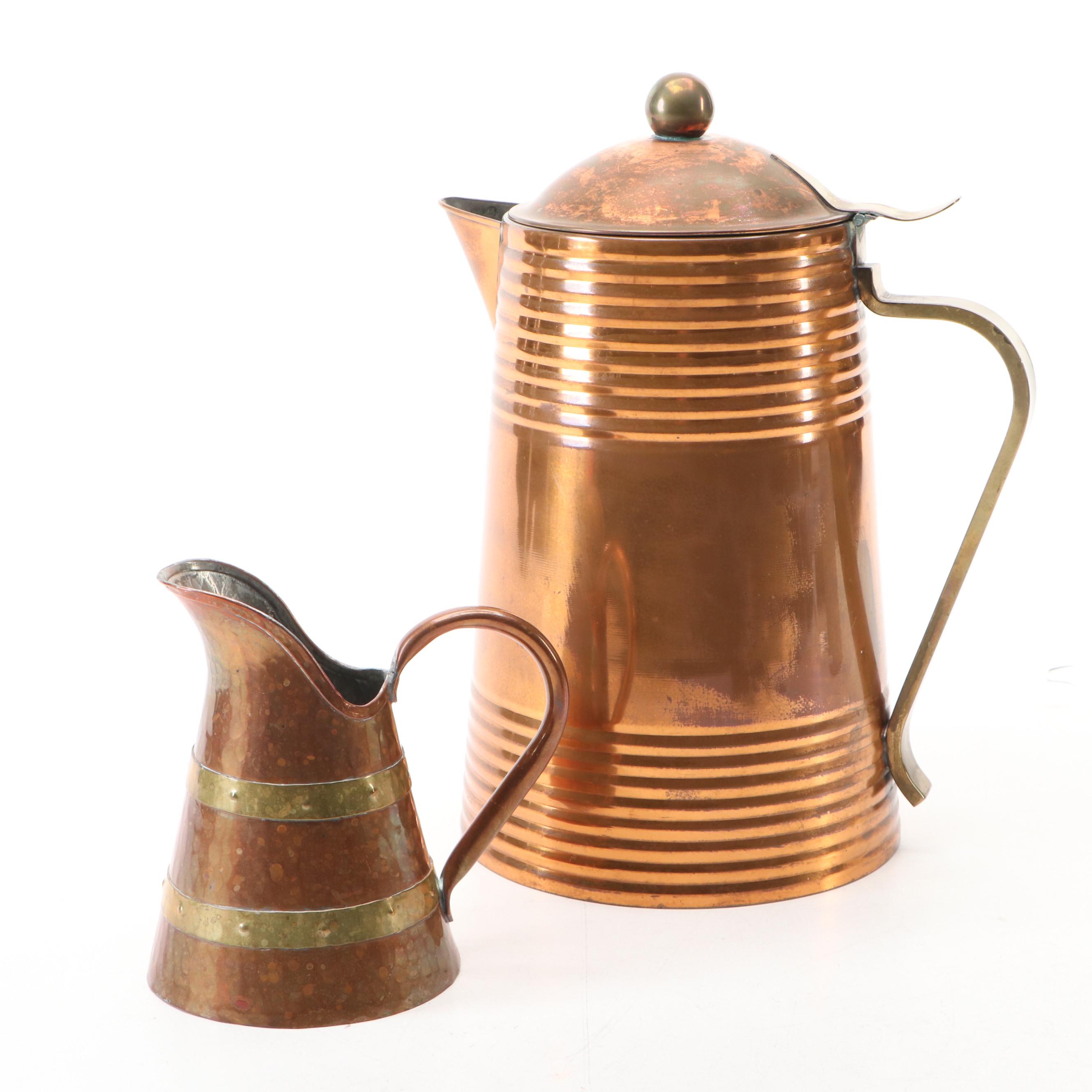 Revere Colonial Style Copper Coffee Pot and Mugs with Other Pitcher