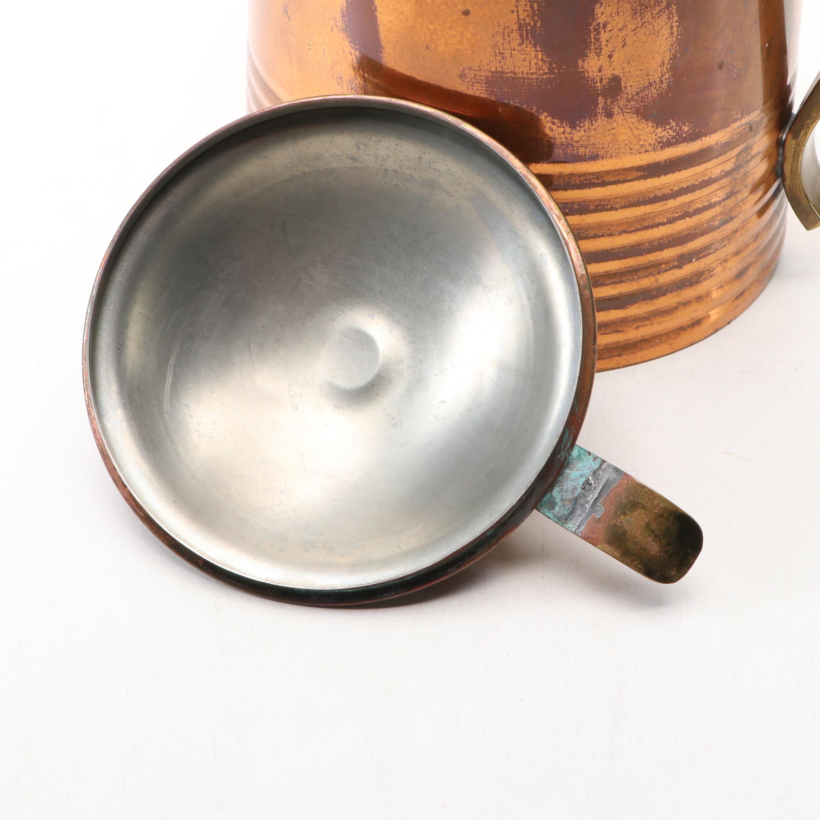 Revere Colonial Style Copper Coffee Pot and Mugs with Other Pitcher