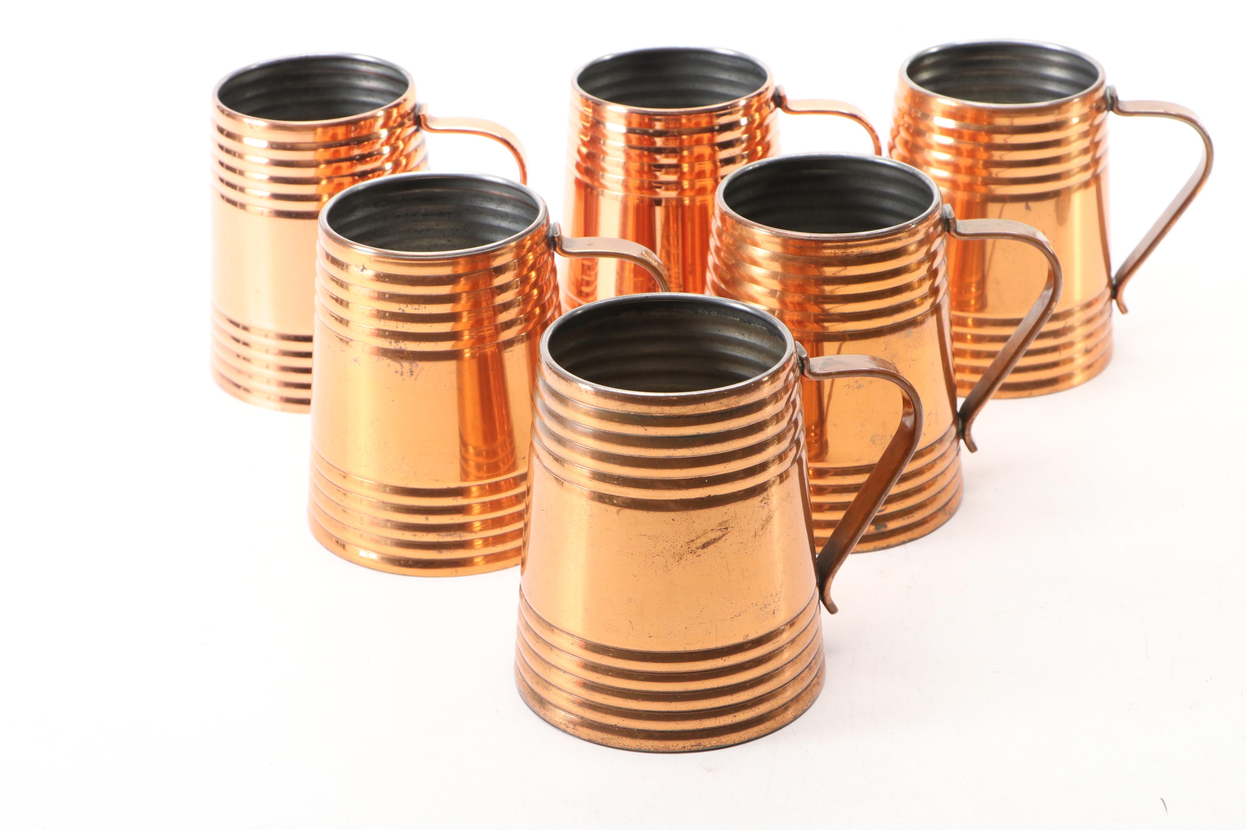 Revere Colonial Style Copper Coffee Pot and Mugs with Other Pitcher