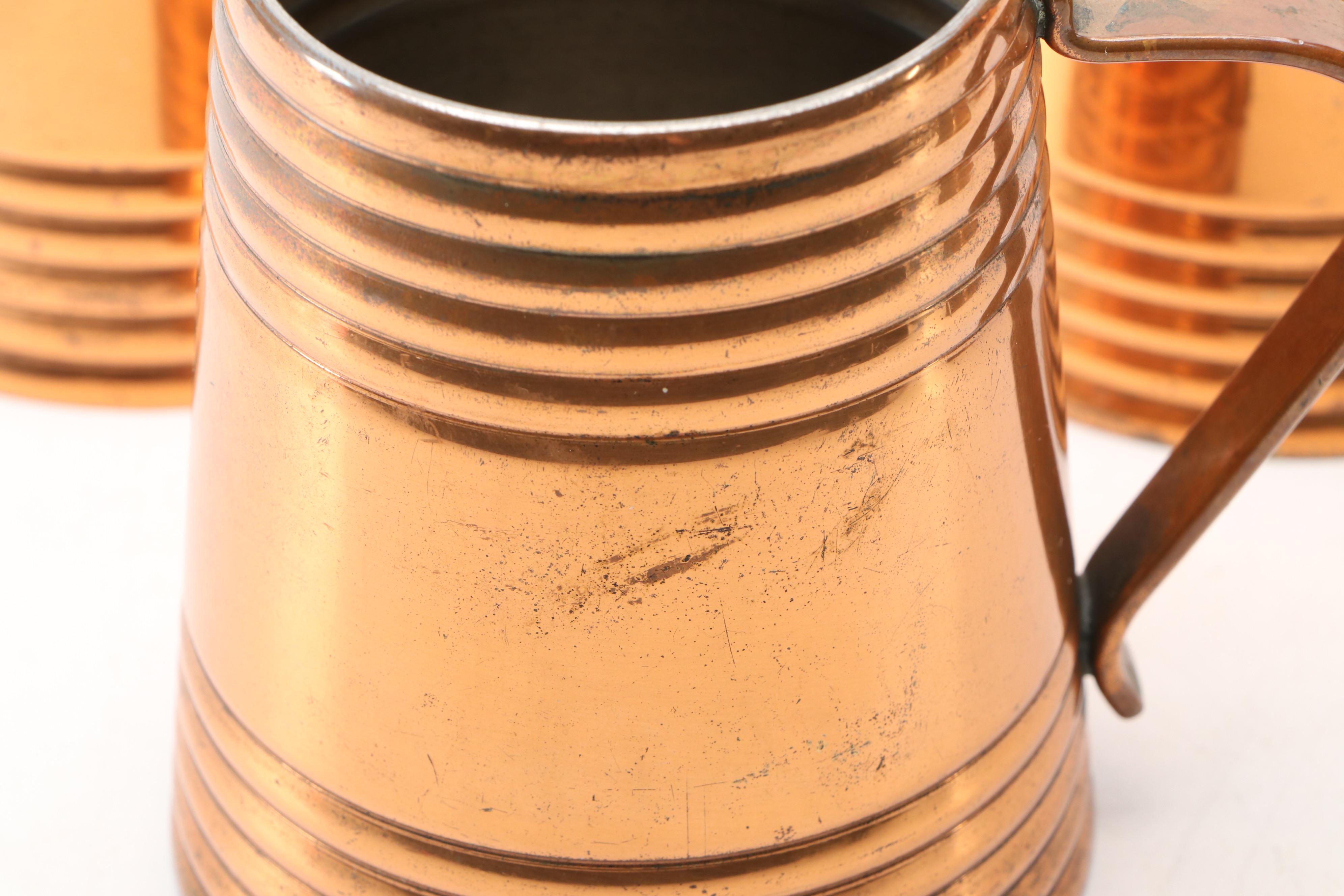 Revere Colonial Style Copper Coffee Pot and Mugs with Other Pitcher