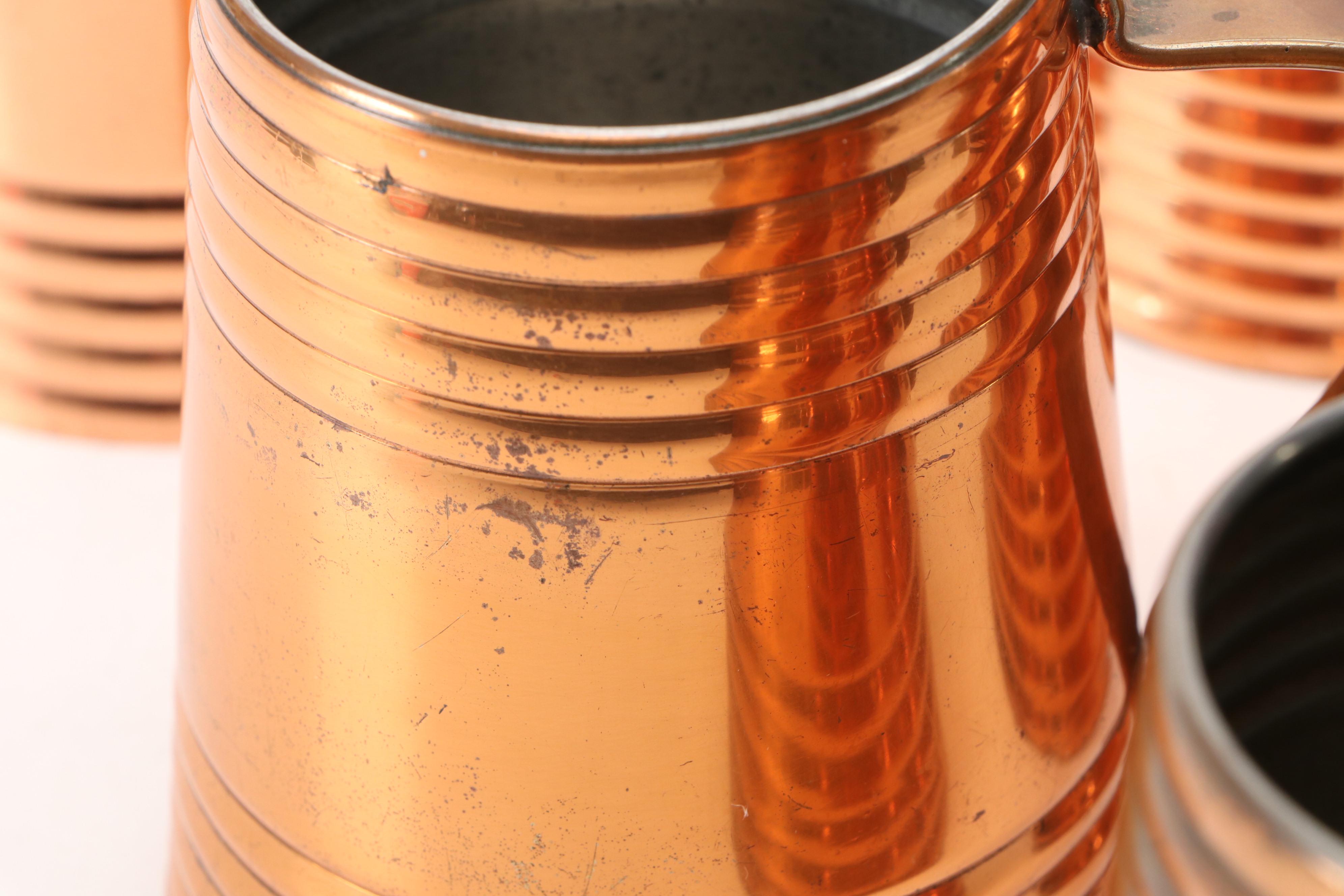 Revere Colonial Style Copper Coffee Pot and Mugs with Other Pitcher