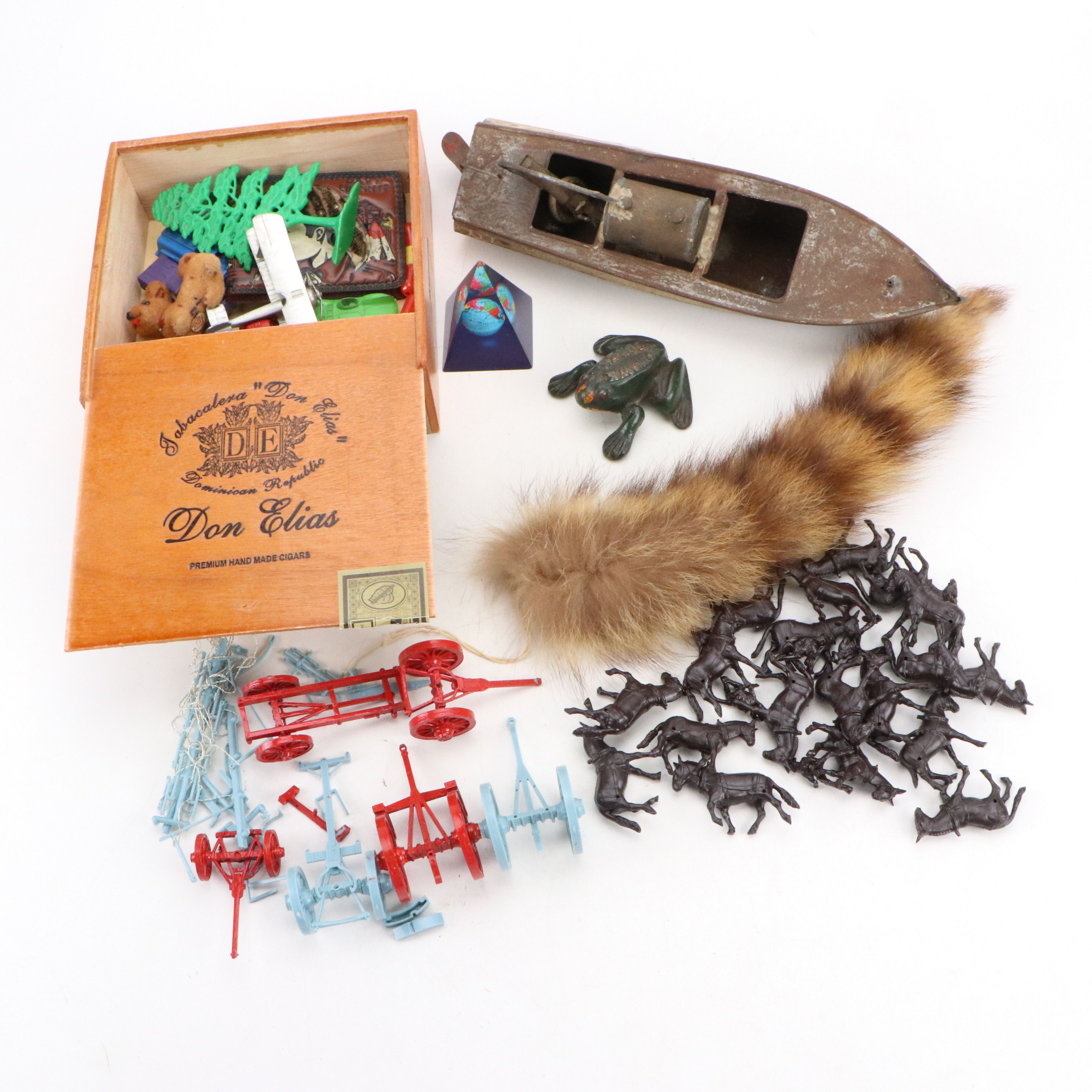 Naughty Frog Advertising Painted Cast Iron Paperweight with Other Vintage Toys