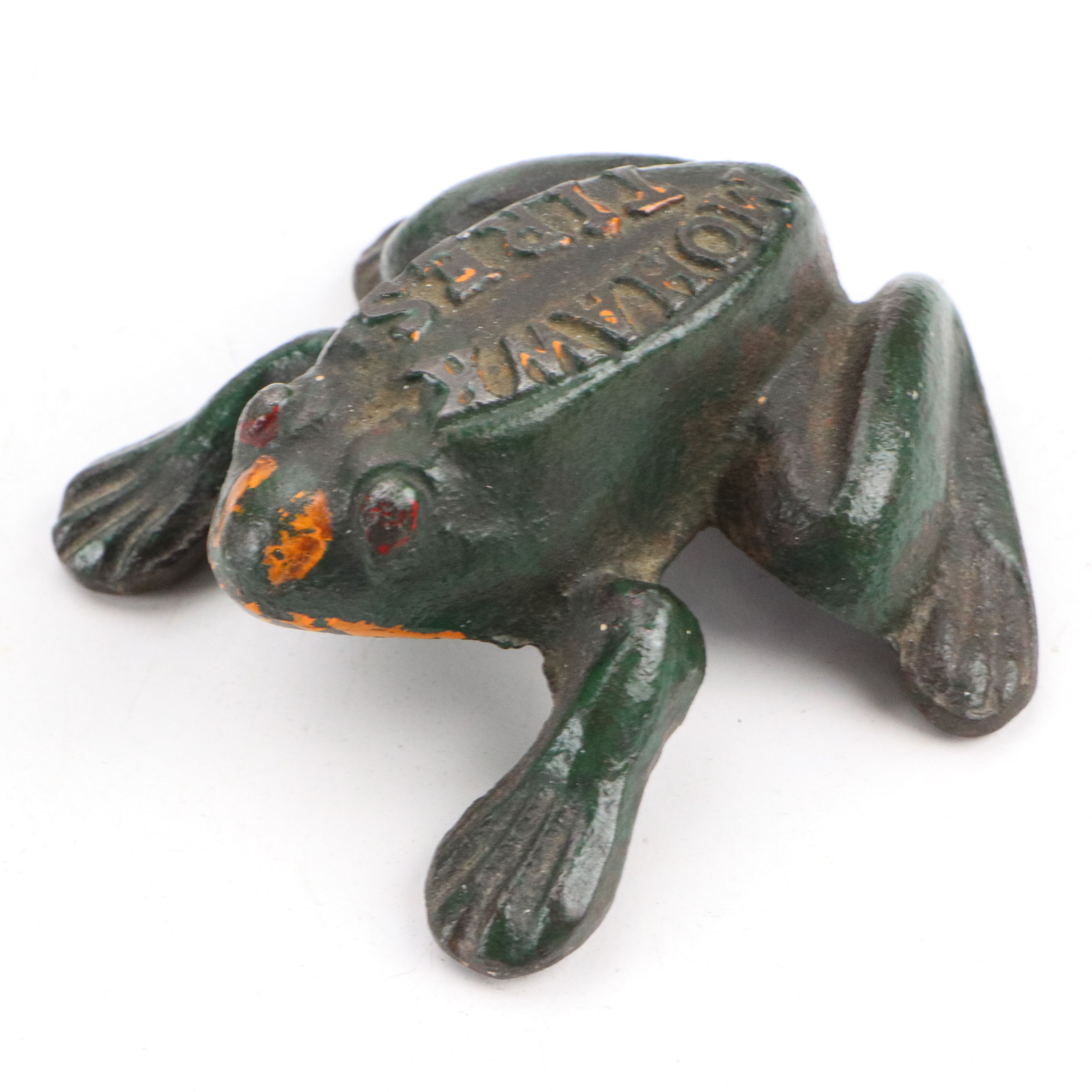 Naughty Frog Advertising Painted Cast Iron Paperweight with Other Vintage Toys