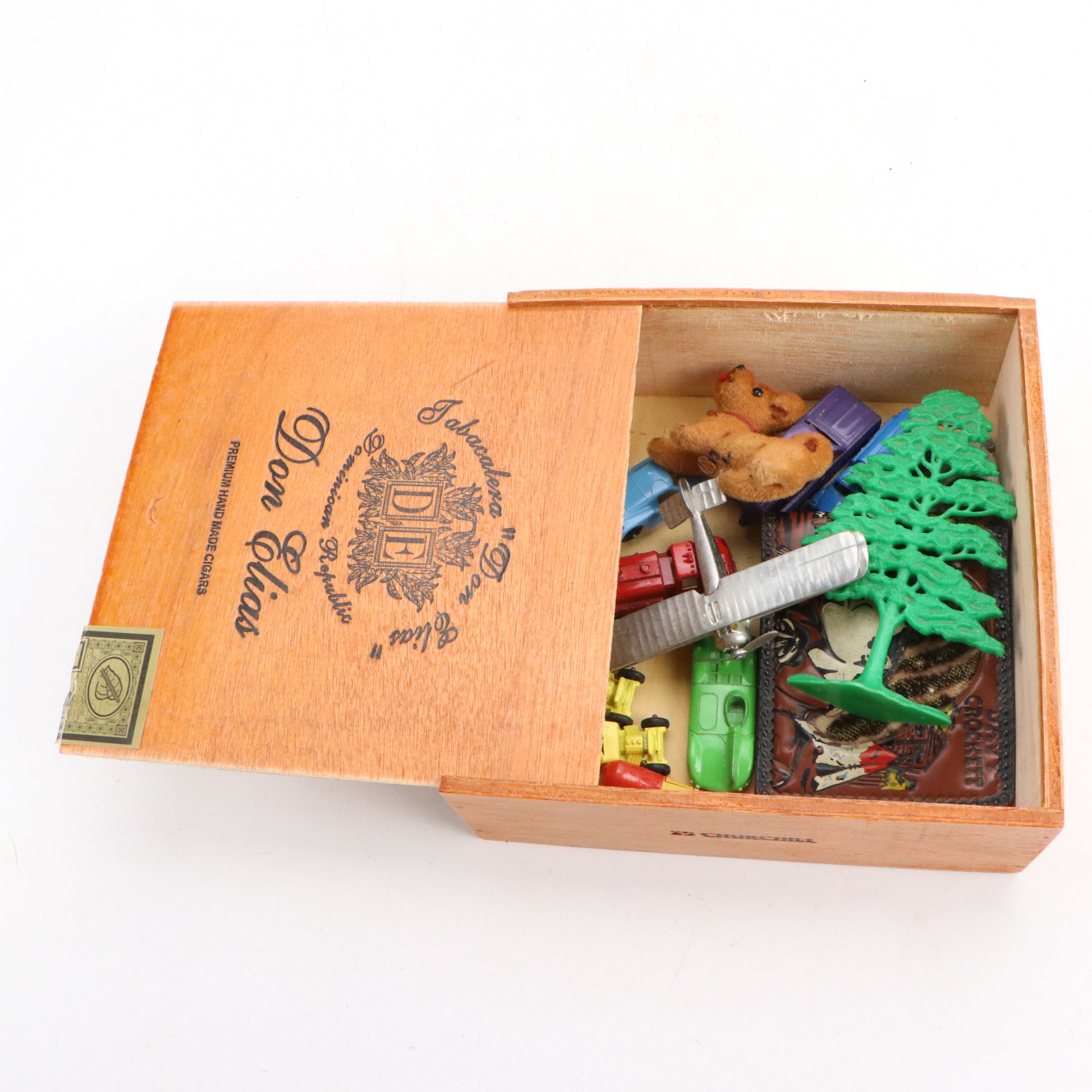 Naughty Frog Advertising Painted Cast Iron Paperweight with Other Vintage Toys