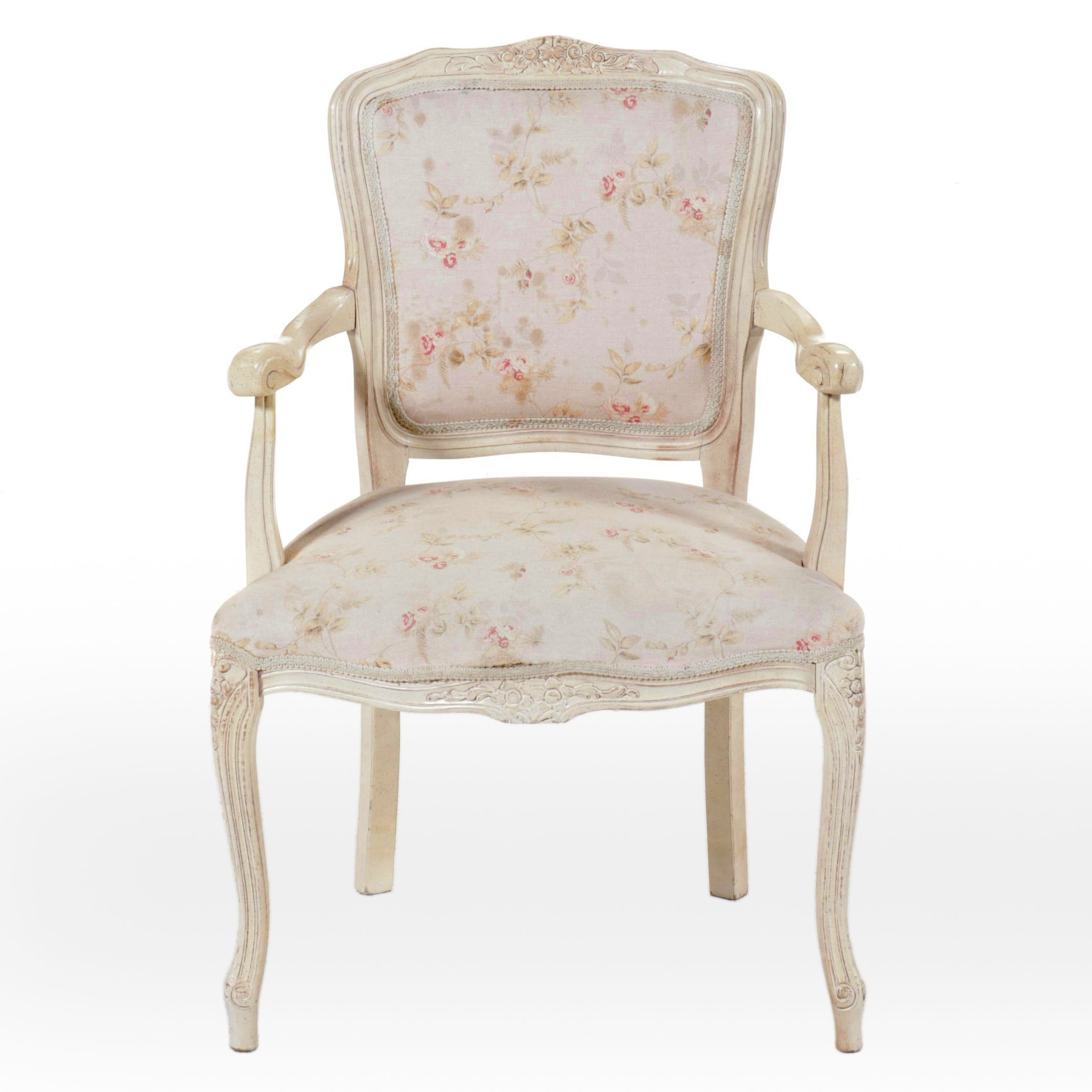 French Provincial Style Floral-Upholstered Painted Wood Fauteuil