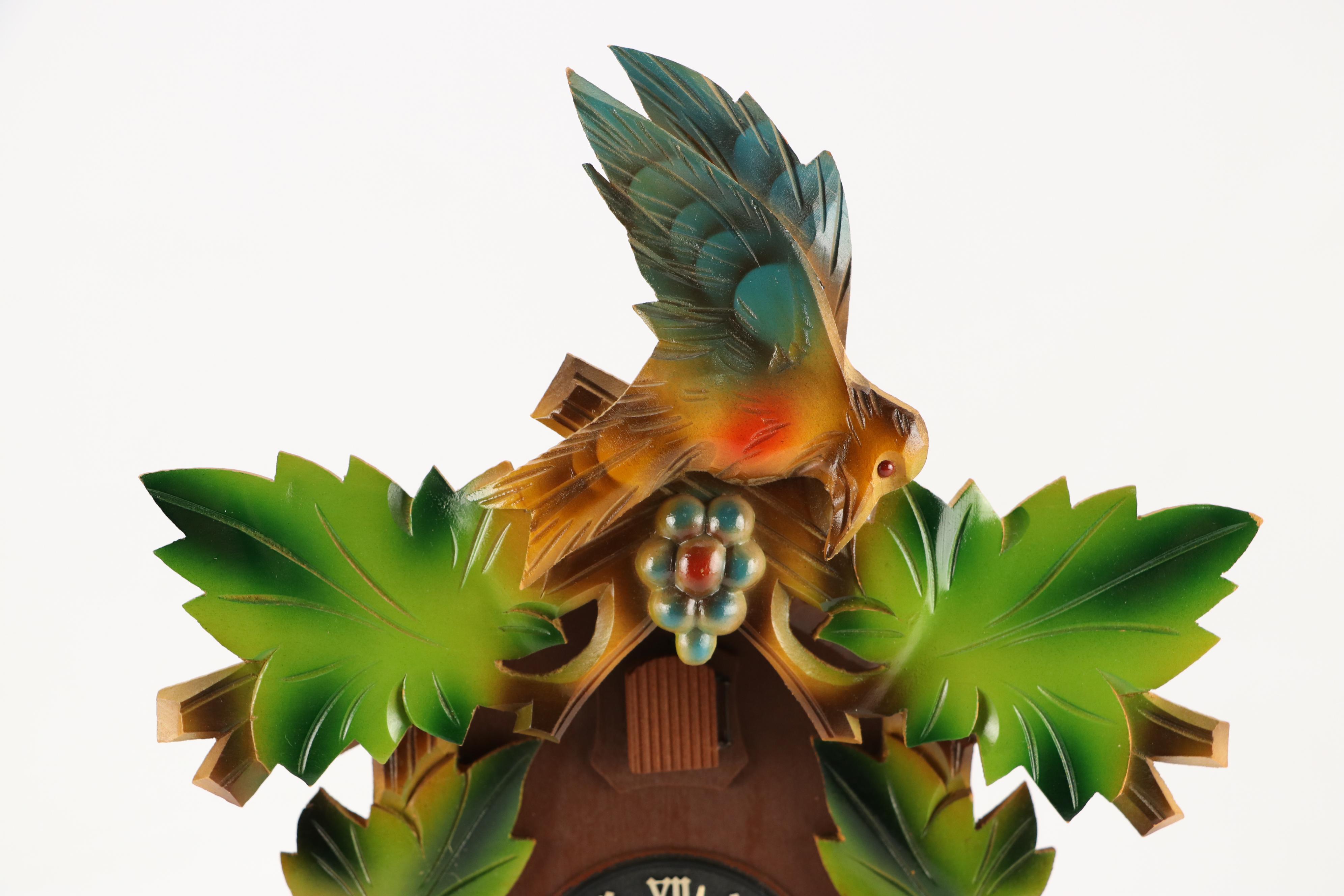 West German Polychrome Carved Wood Cuckoo Clock, Late 20th C.