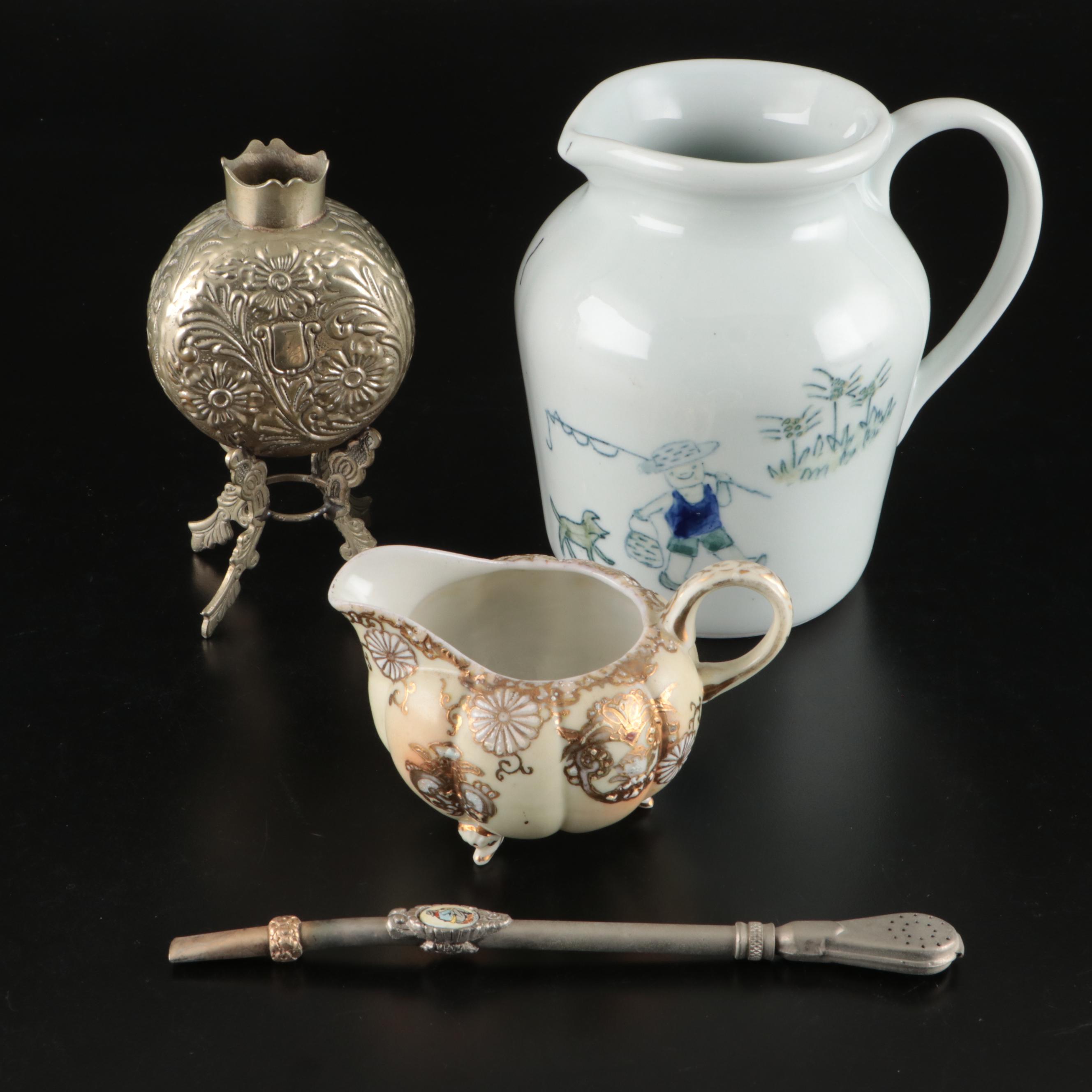 Argentinian Etched Metal Bombilla and Yerba Mate Cup with Other Tableware