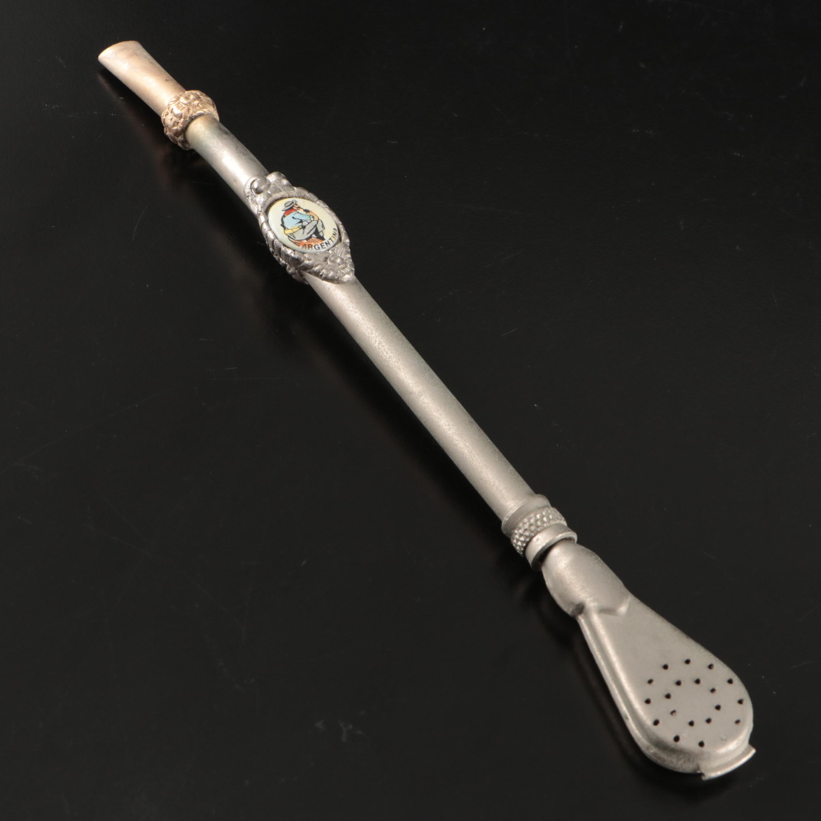 Argentinian Etched Metal Bombilla and Yerba Mate Cup with Other Tableware