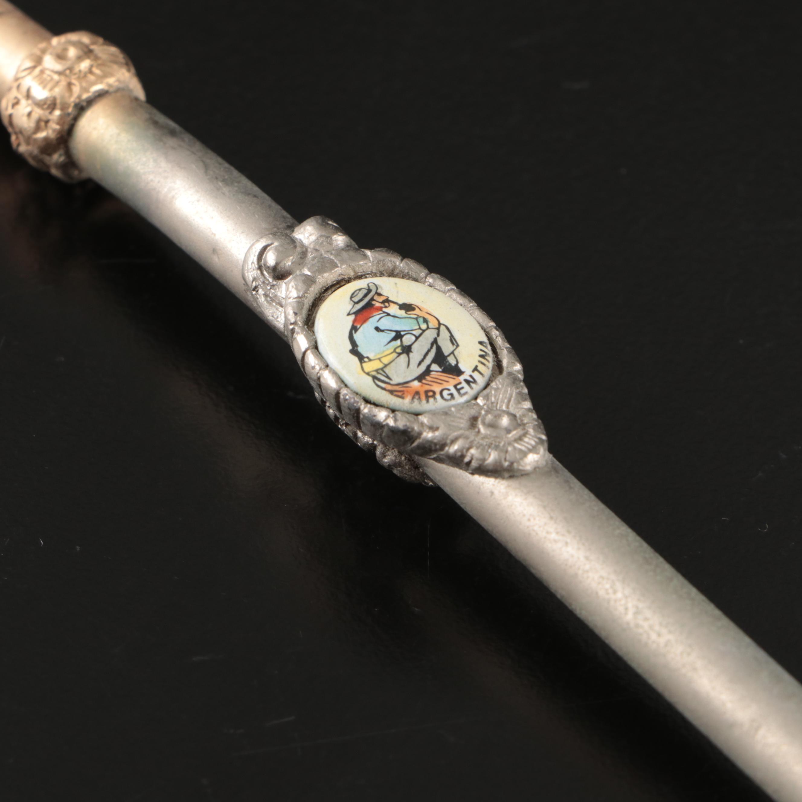 Argentinian Etched Metal Bombilla and Yerba Mate Cup with Other Tableware