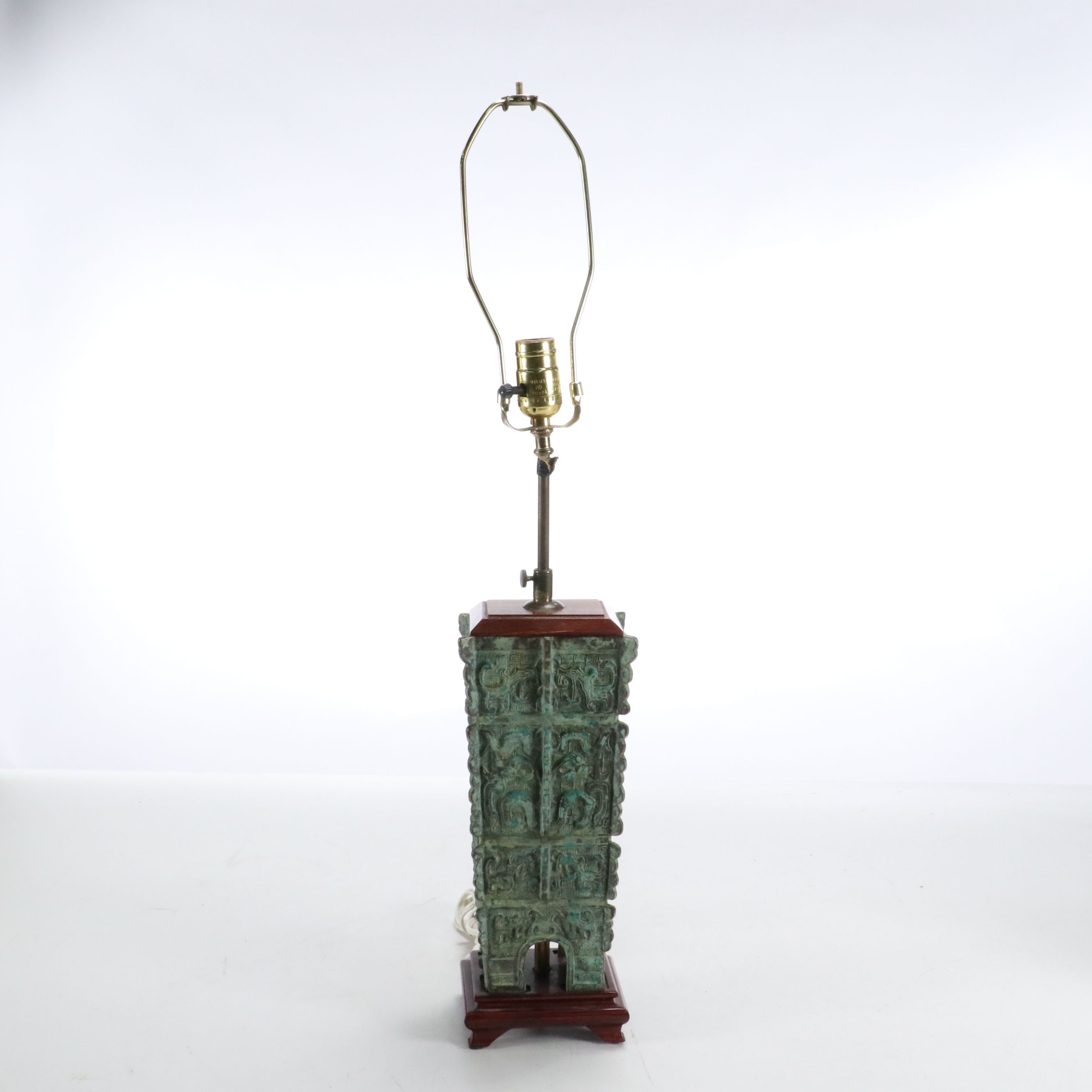 Chinese Bronzed Metal Archaistic Lamp with Square Pagoda Shade