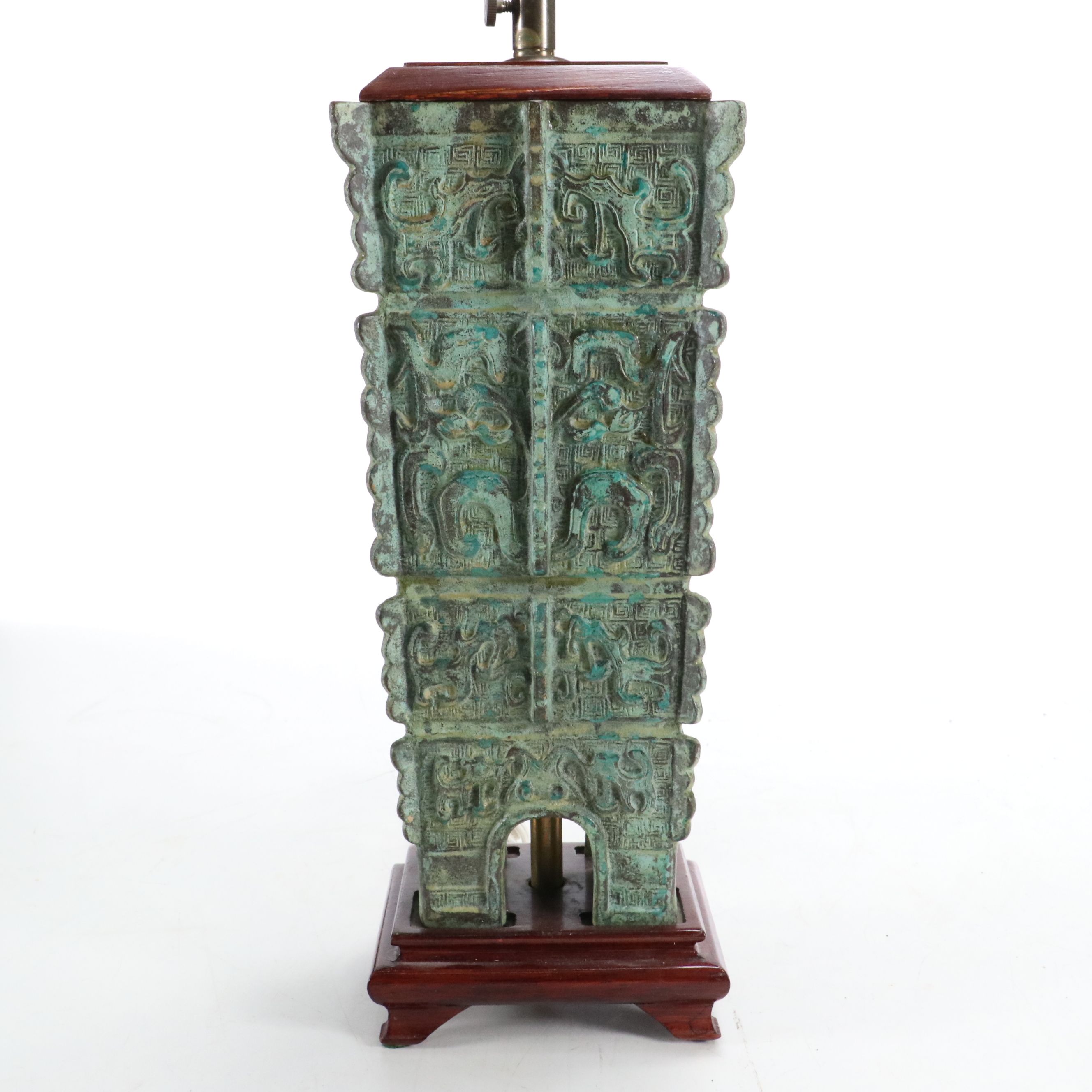 Chinese Bronzed Metal Archaistic Lamp with Square Pagoda Shade
