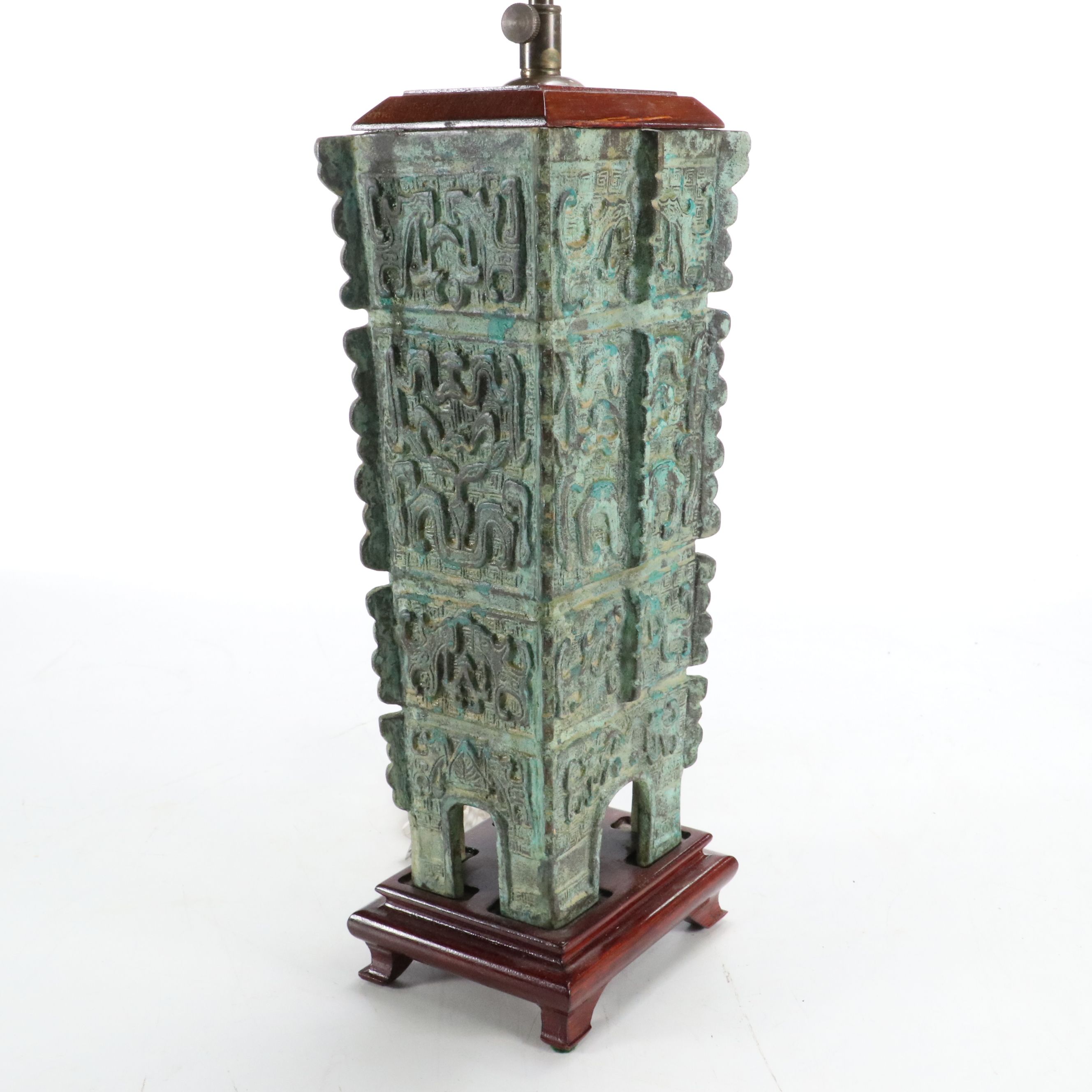 Chinese Bronzed Metal Archaistic Lamp with Square Pagoda Shade