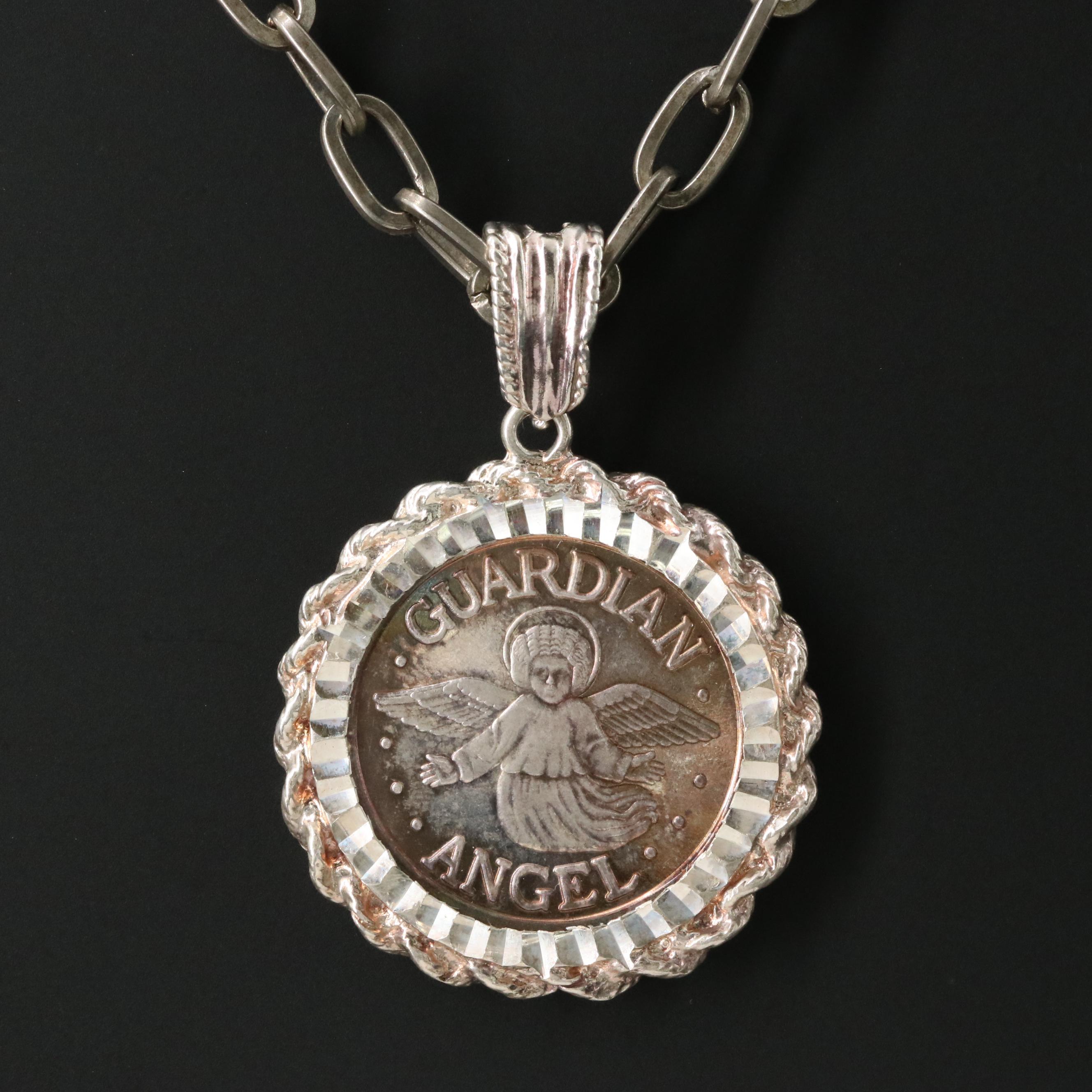 Sterling and Fine Silver Guardian Angel Pendant with Cable Chain