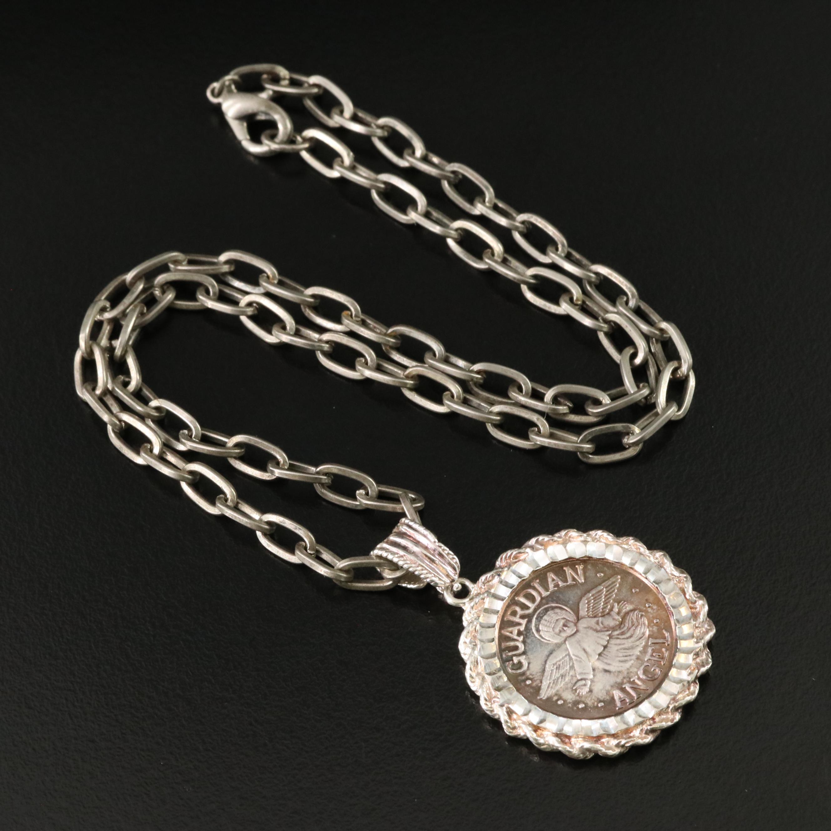 Sterling and Fine Silver Guardian Angel Pendant with Cable Chain