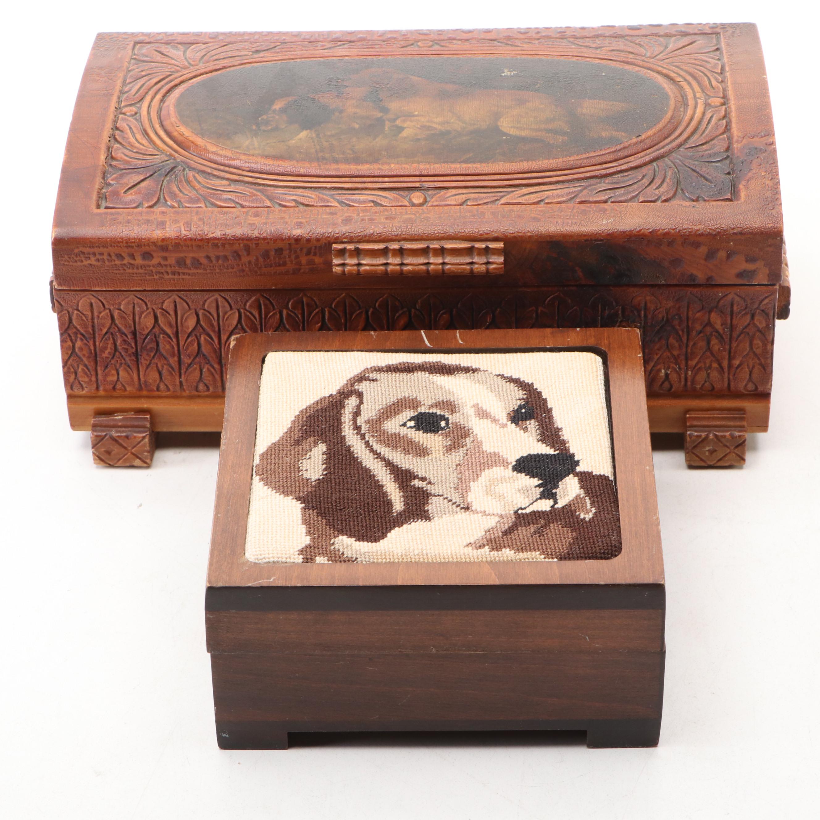 Hand-Carved Hunting Dogs and Needlepoint Beagle Wooden Boxes