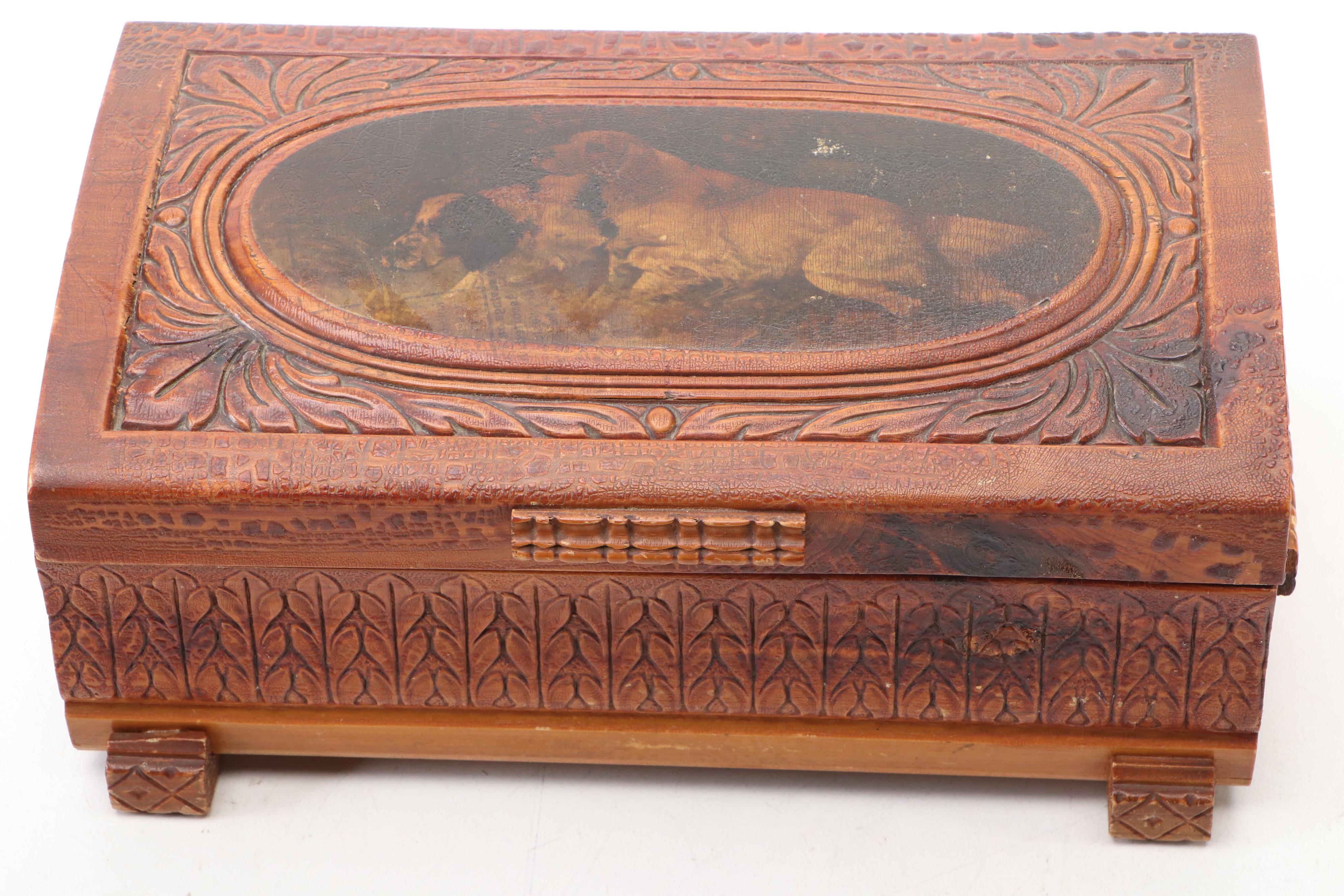 Hand-Carved Hunting Dogs and Needlepoint Beagle Wooden Boxes