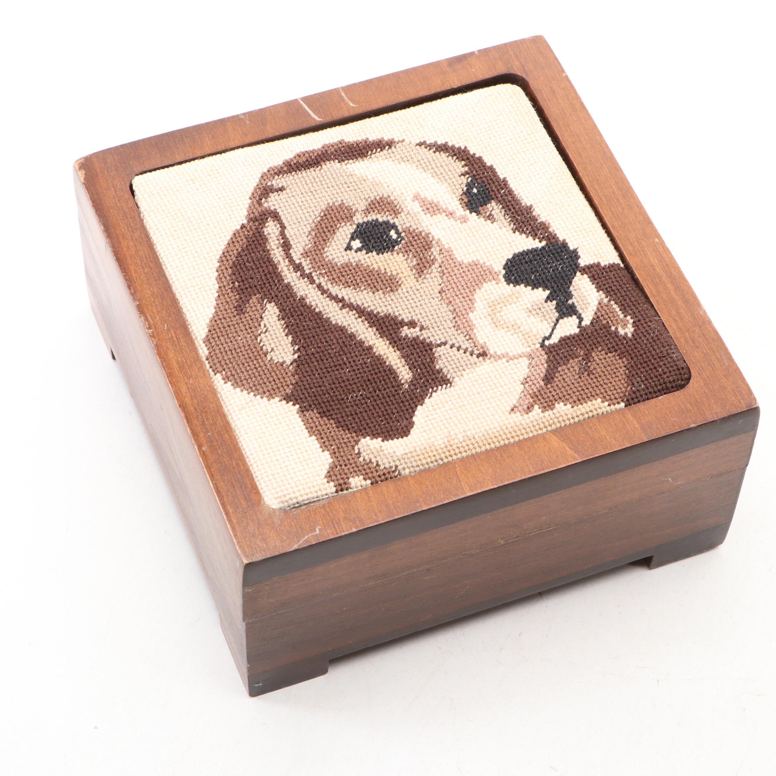 Hand-Carved Hunting Dogs and Needlepoint Beagle Wooden Boxes