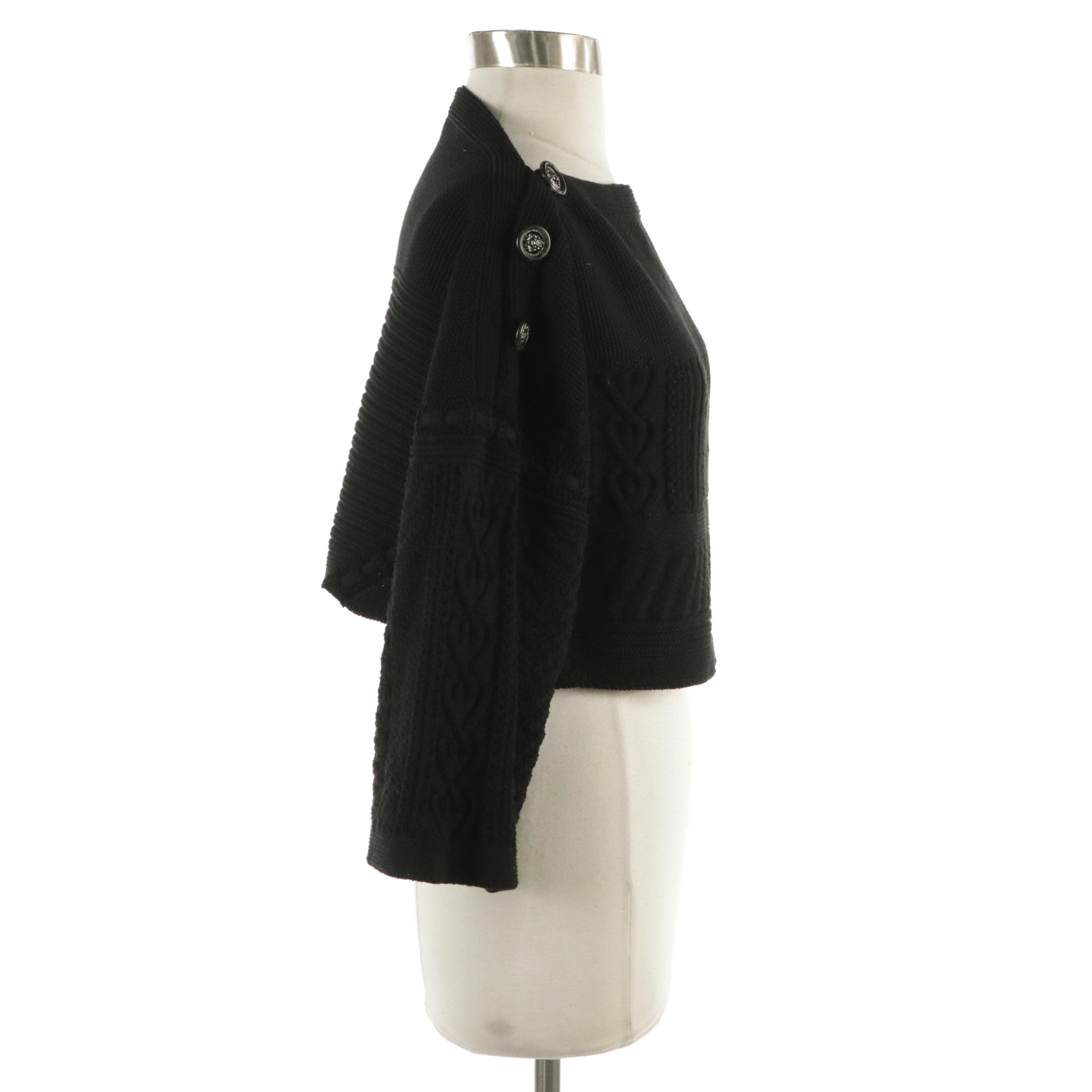 Chanel Black CC Logo Cotton Knit Boatneck Cropped Sweater Lion Head Buttons