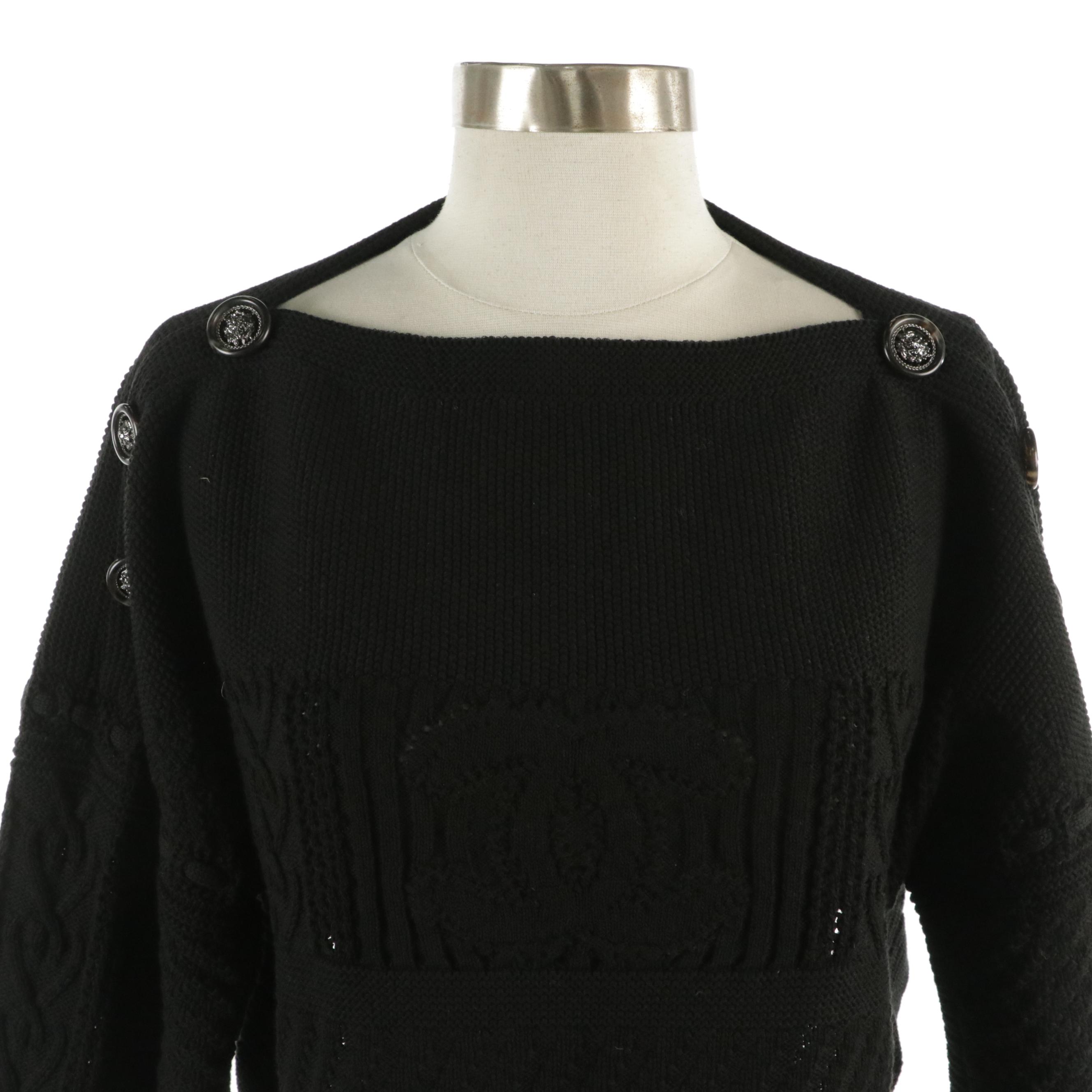 Chanel Black CC Logo Cotton Knit Boatneck Cropped Sweater Lion Head Buttons