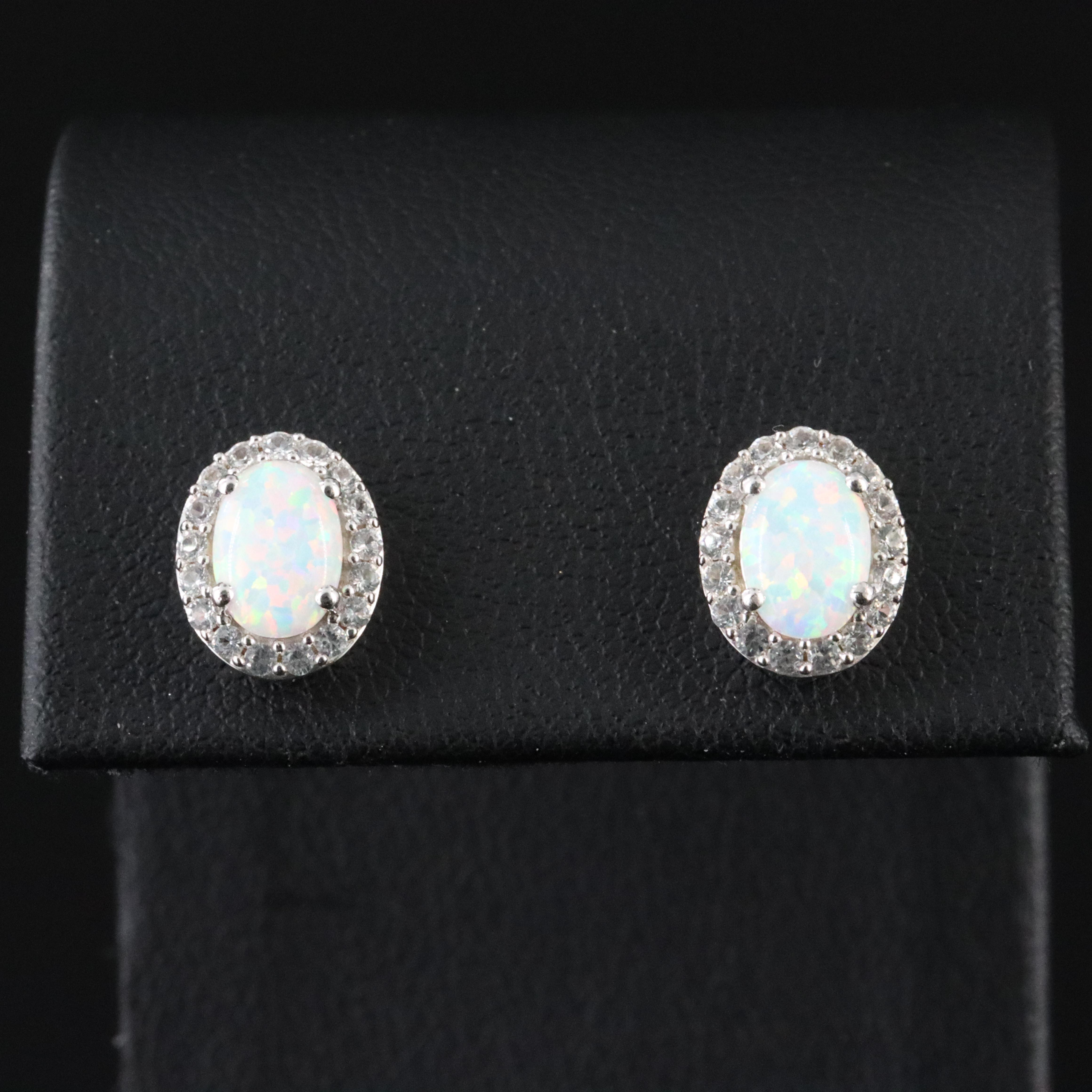Sterling Opal and White Sapphire Halo Earrings
