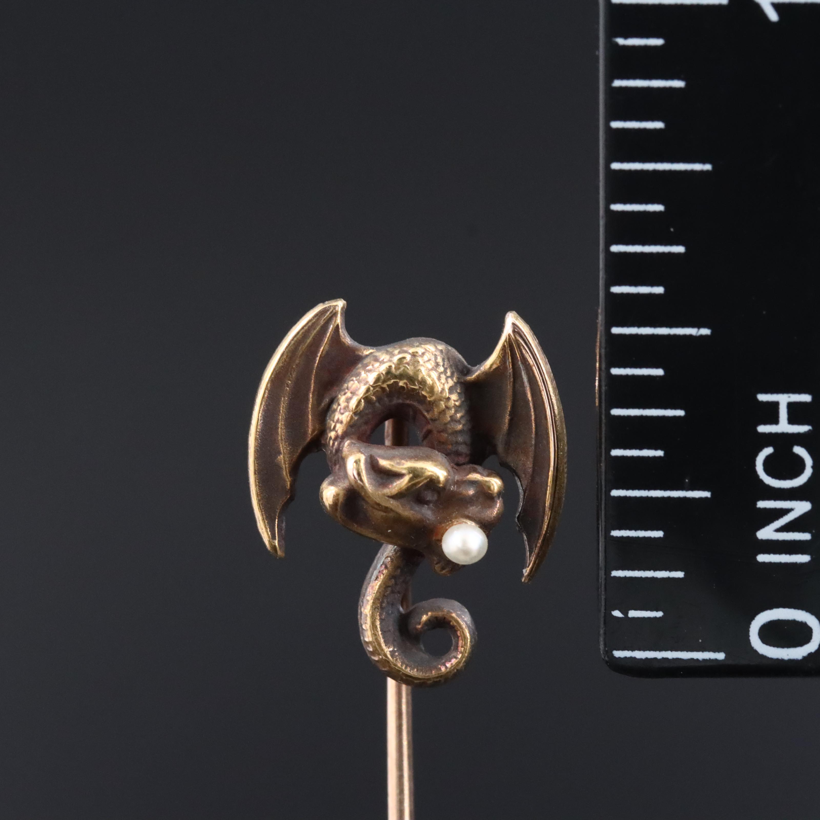 Art Nouveau 14K Seed Pearl Chimera Stickpin