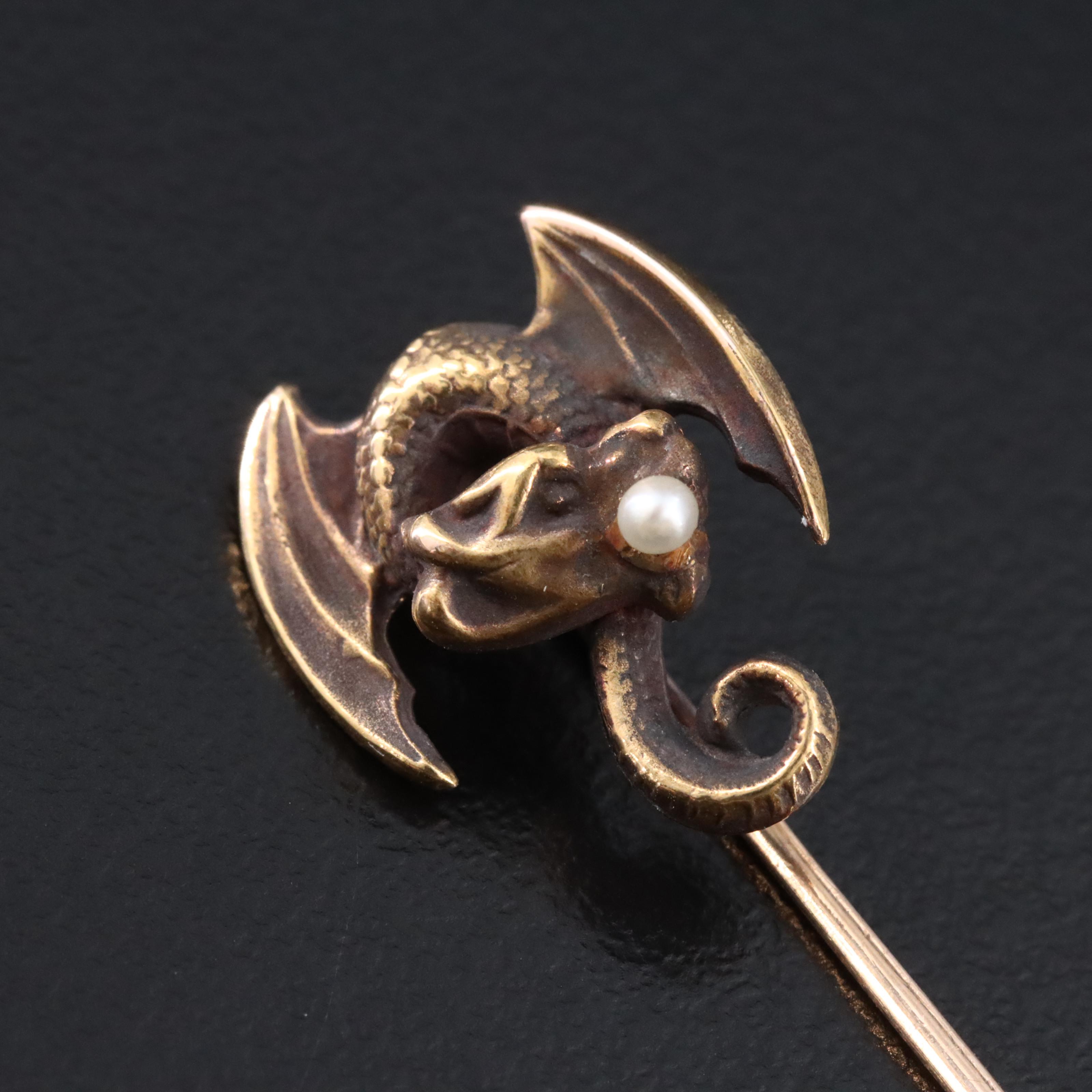 Art Nouveau 14K Seed Pearl Chimera Stickpin