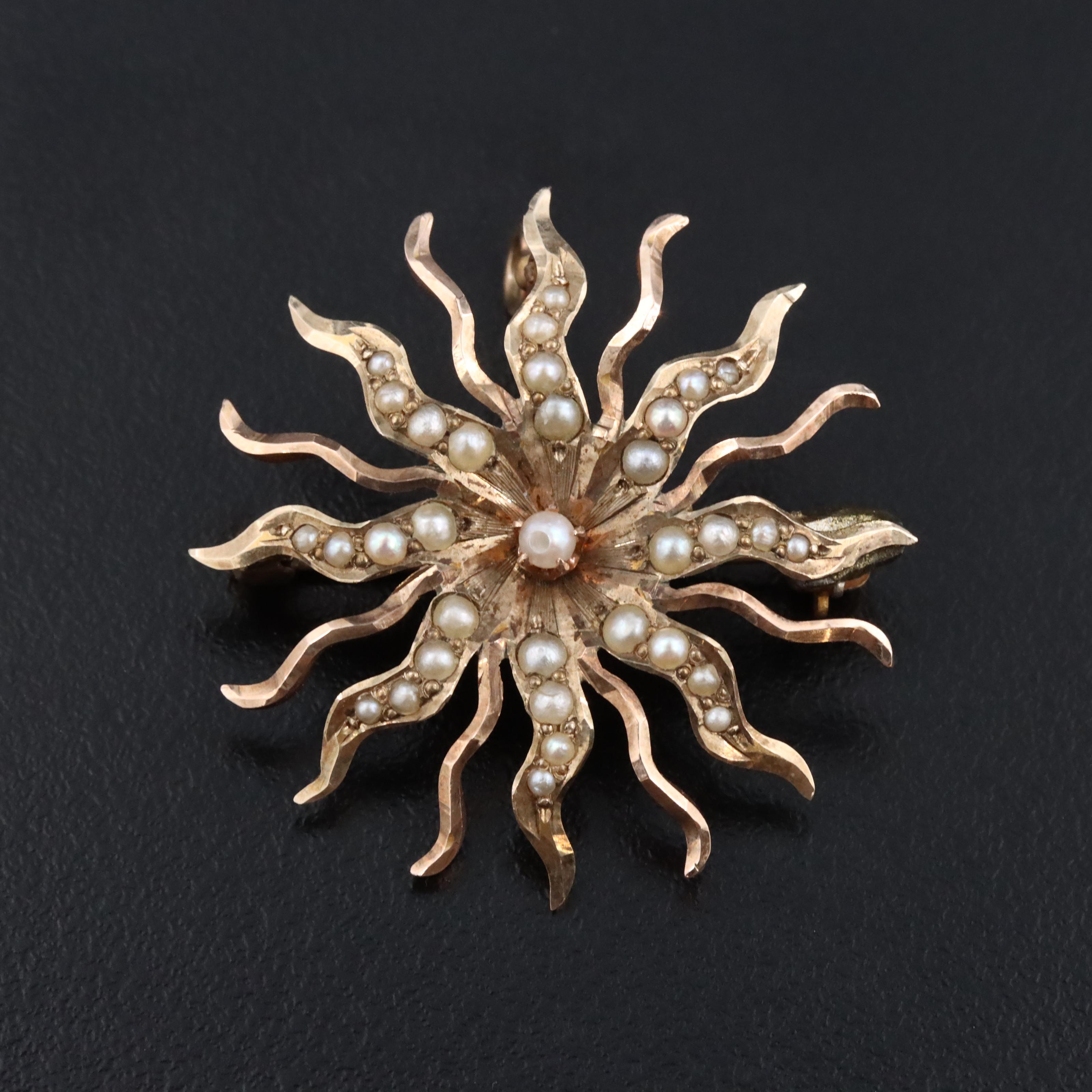 Antique 10K Seed Pearl Sunburst Pin