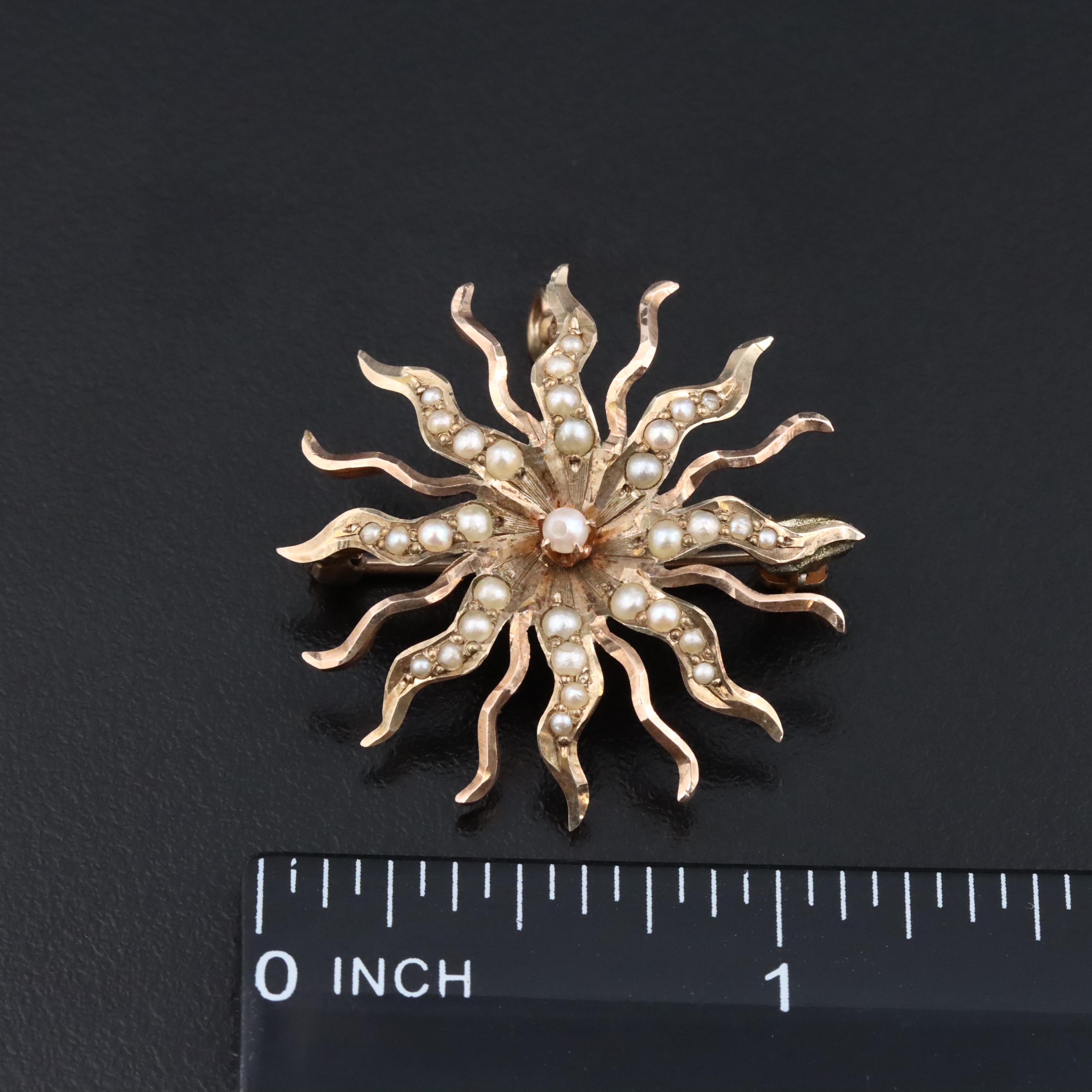 Antique 10K Seed Pearl Sunburst Pin