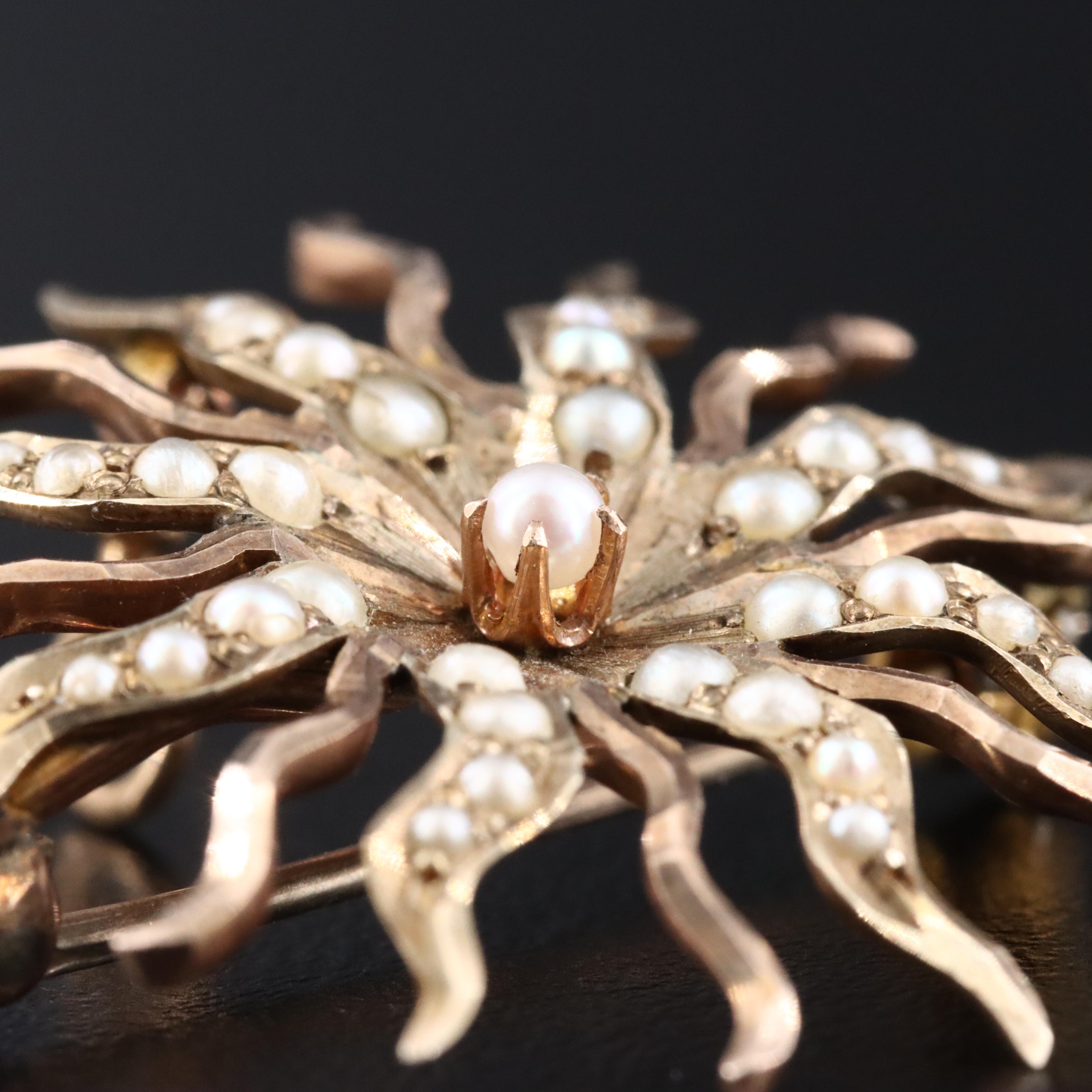 Antique 10K Seed Pearl Sunburst Pin