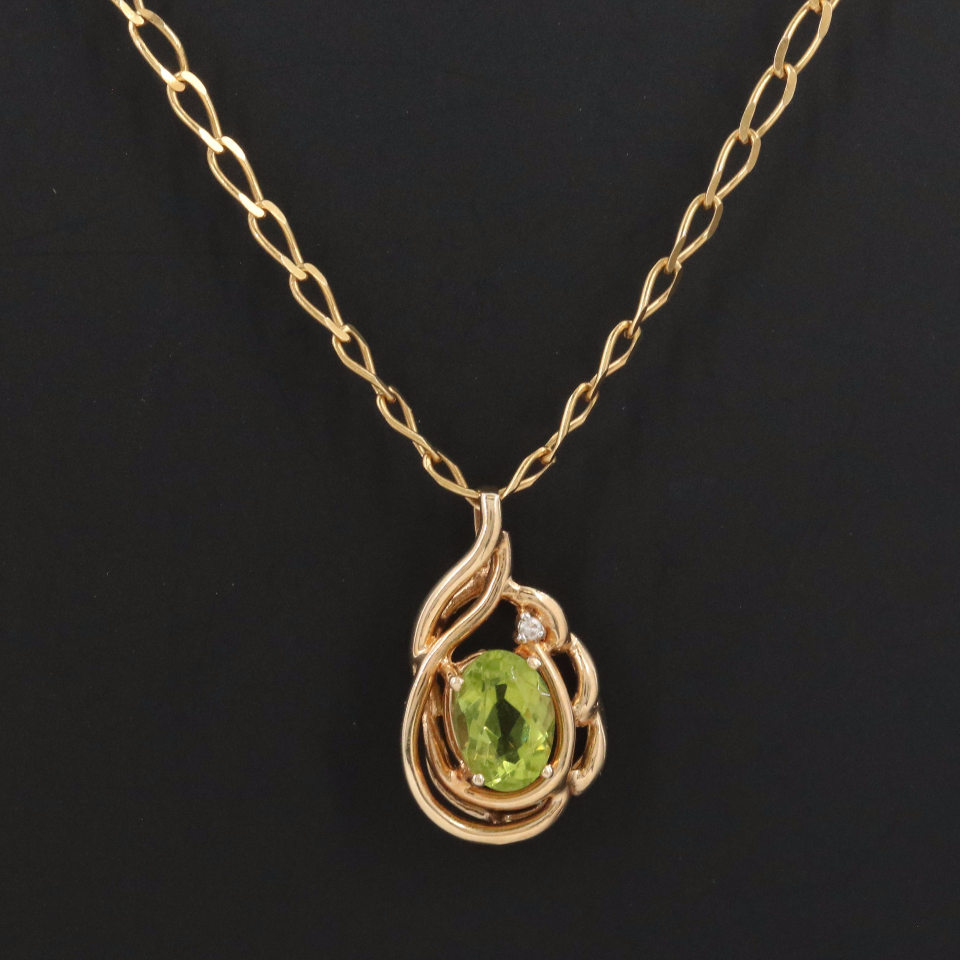 14K Peridot and Diamond Pendant on 18K Figaro Chain Necklace