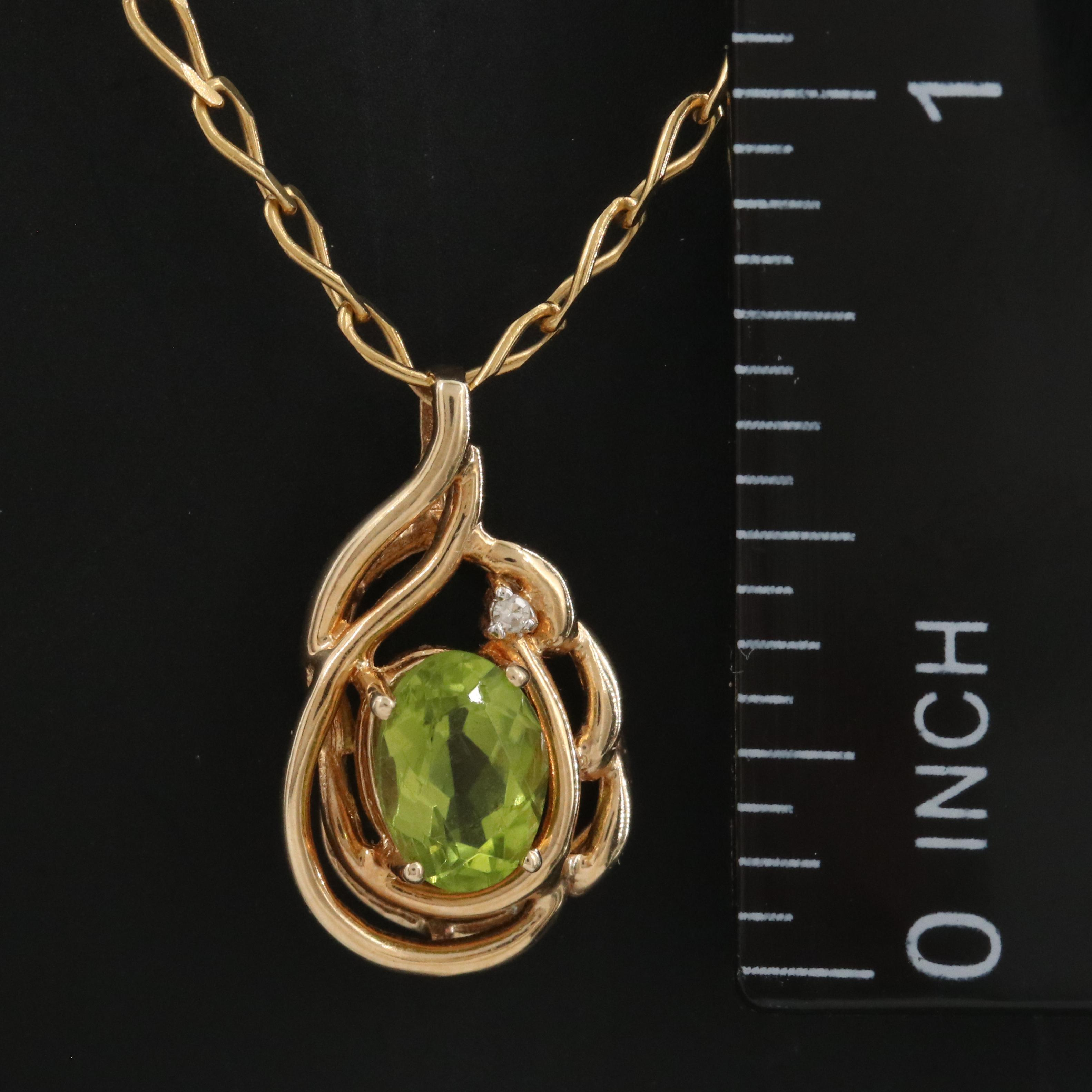 14K Peridot and Diamond Pendant on 18K Figaro Chain Necklace