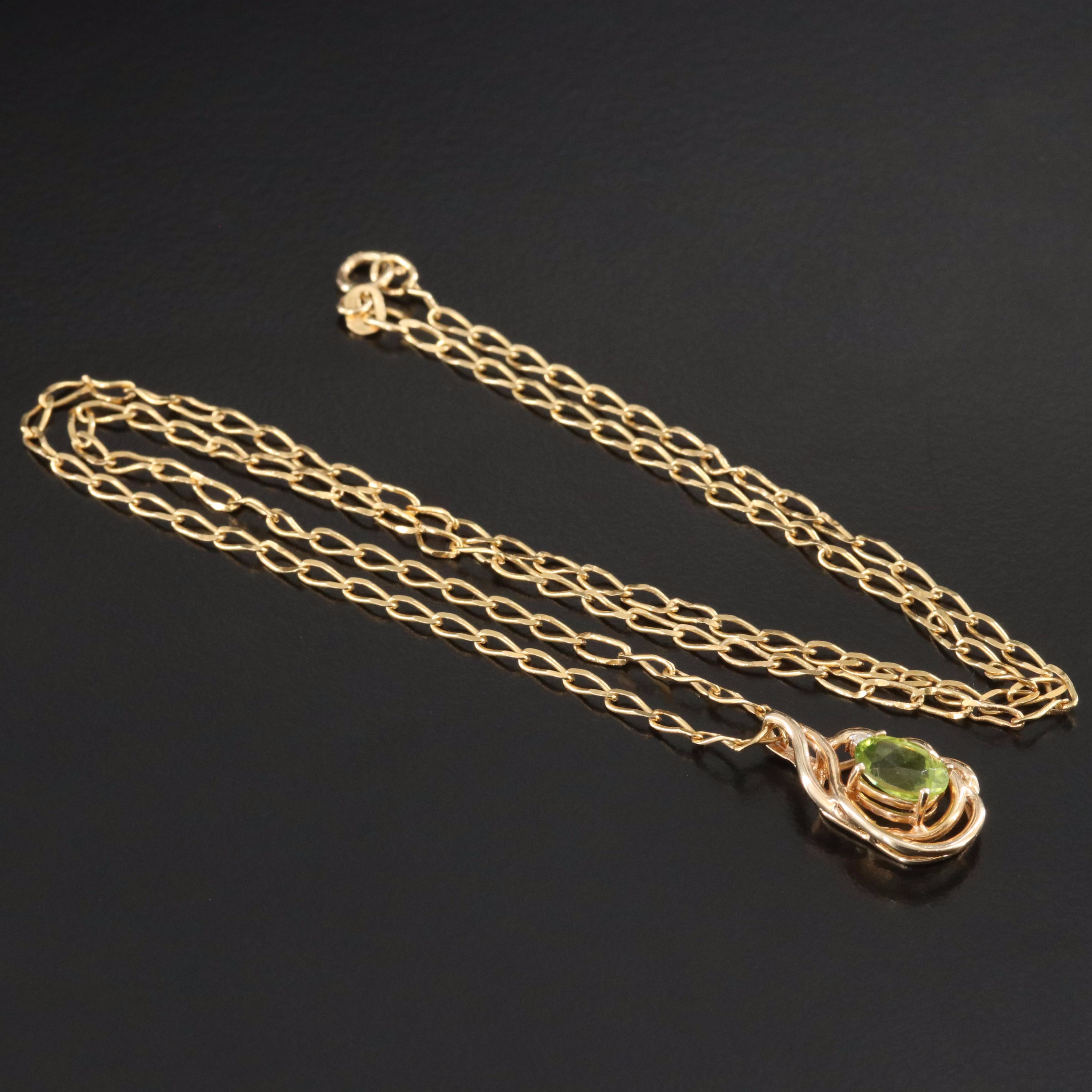 14K Peridot and Diamond Pendant on 18K Figaro Chain Necklace