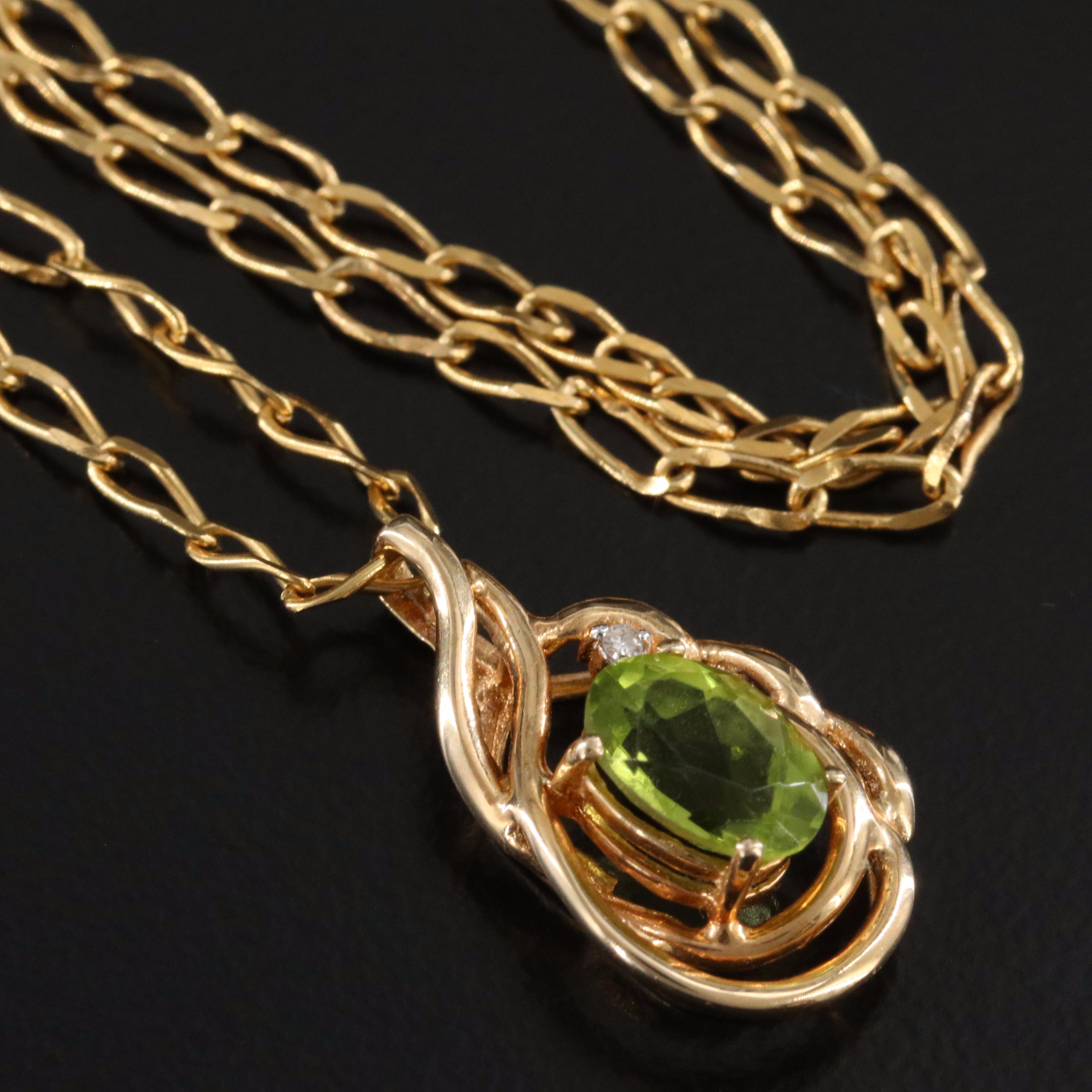 14K Peridot and Diamond Pendant on 18K Figaro Chain Necklace