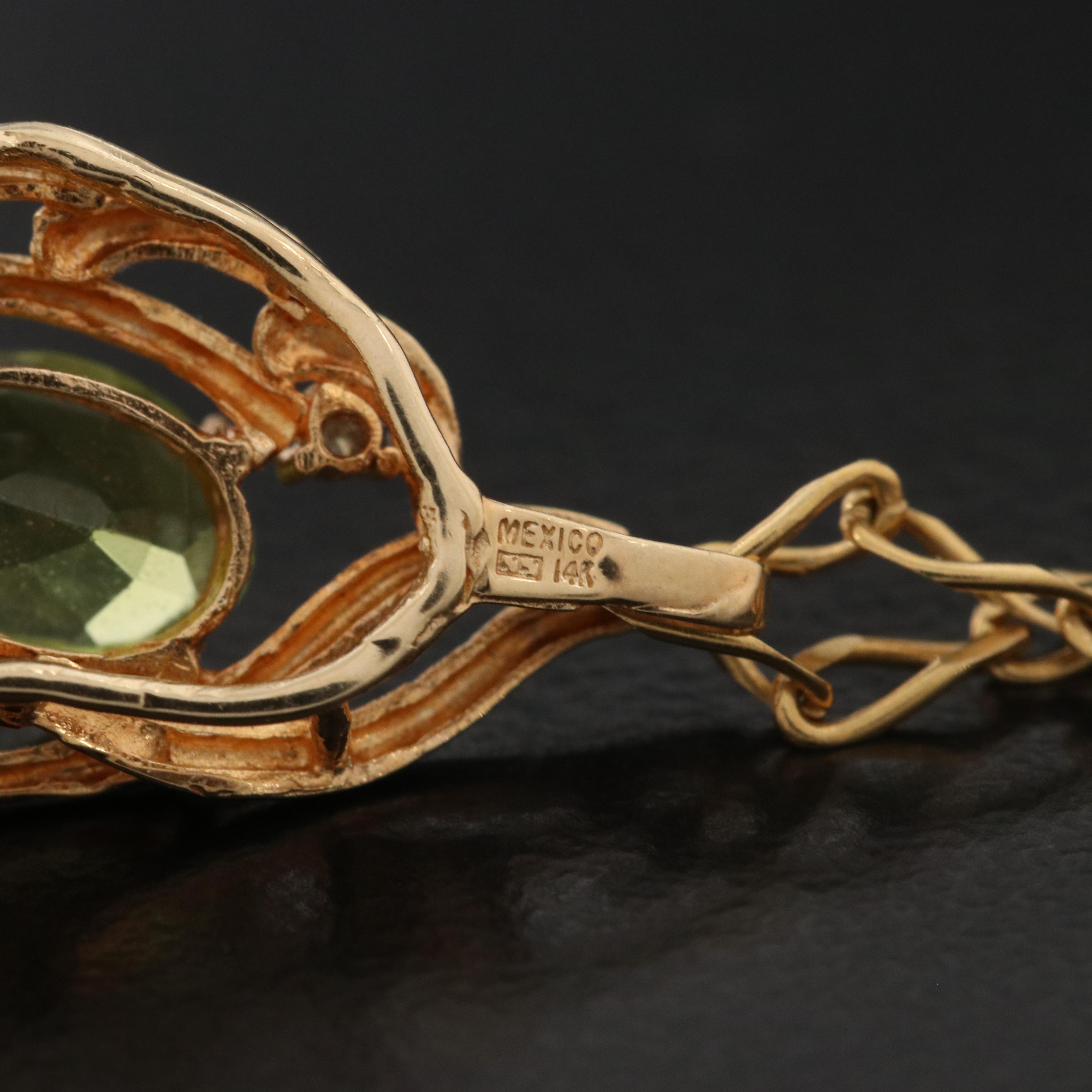 14K Peridot and Diamond Pendant on 18K Figaro Chain Necklace