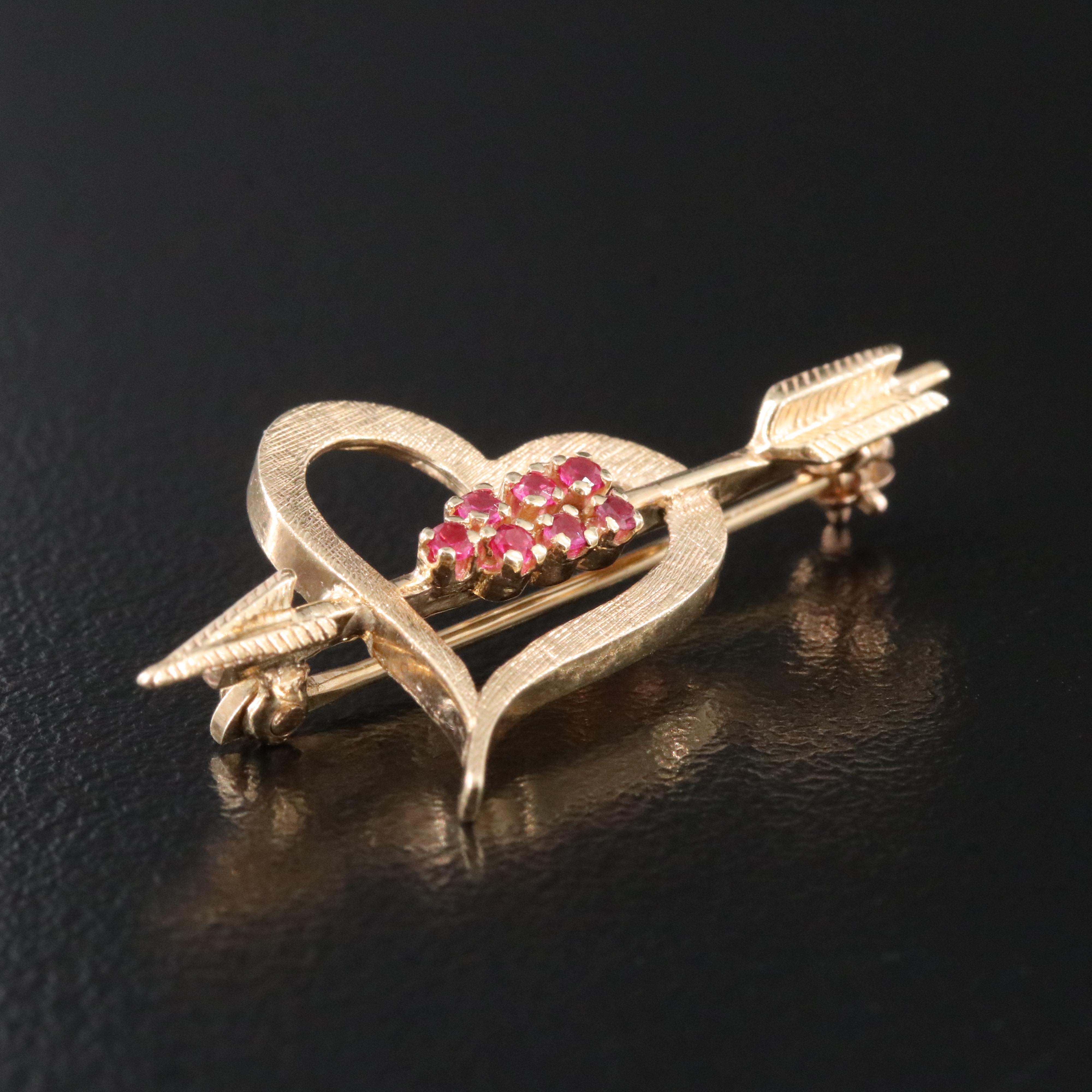 Vintage 14K Ruby Heart and Arrow Brooch