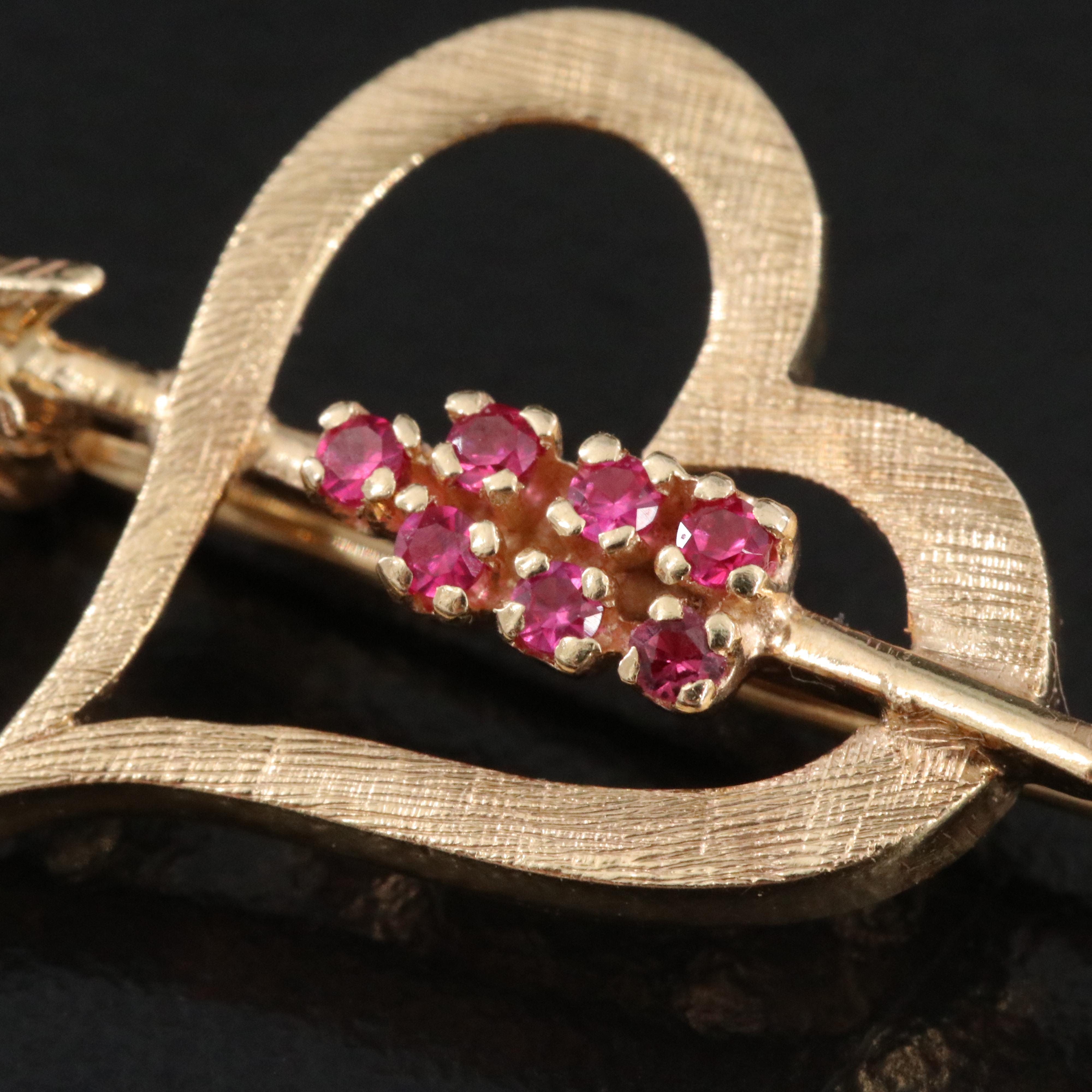 Vintage 14K Ruby Heart and Arrow Brooch
